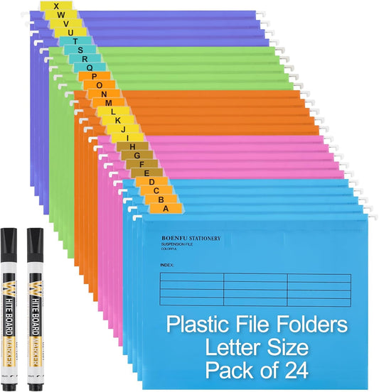 BOENFU 24 Pack Colored Hanging File Folders Letter Size Plastic File Folders with Adjustable Tabs, 2 Markers, Hanging Organizer File Folders for Efficient Filing