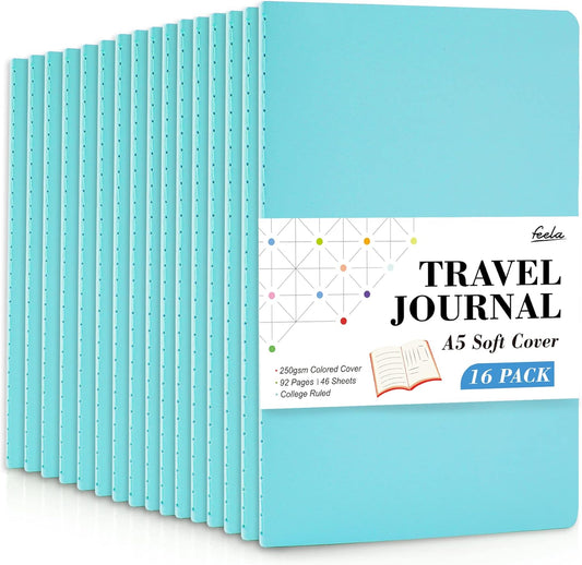 feela 16 Pack Soft Cover Journal Bulk, Lined Notebooks College Ruled for Work for Women Girl Writing, Blank Travel Journal Note Taking Notebook School Business Supplies, 8.2” x 5.5”, A5, Light Blue