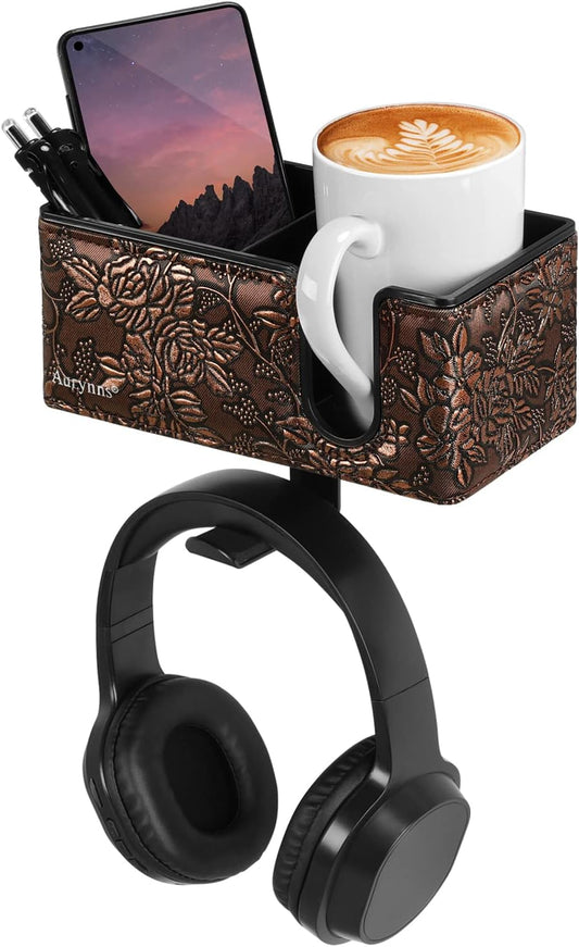 Desk Cup Holder Clip on Pen Holder Headphone Hanger Headset Stand Rotatable Clamp Hook Under Desk (Golden)