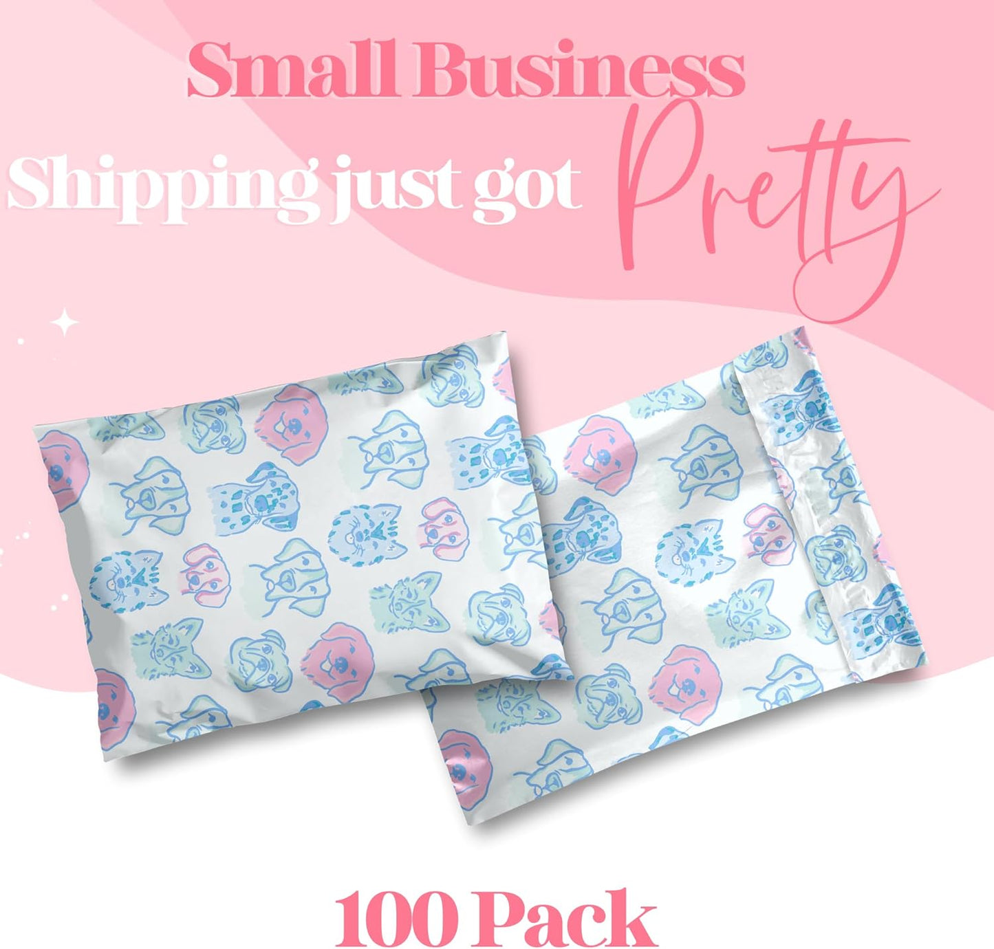 14.5x19 Designer Poly Mailer 100 Pack Heavy Duty Waterproof Self Seal Shipping Bags for Small Business Large Mailing Envelopes Bulk Tear Resistant Packaging Pretty Pups Puppy Dogs