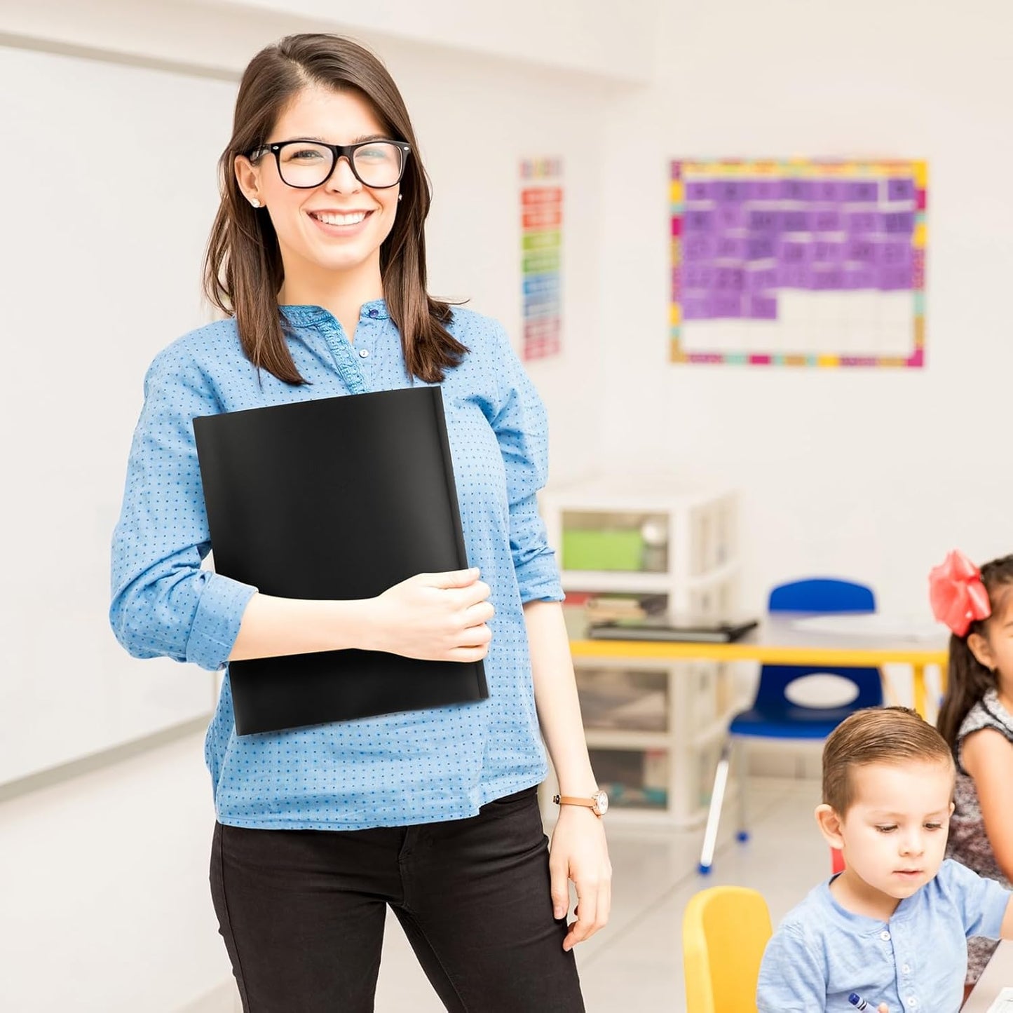 Patelai 48 Pcs Plastic Folders with 2 Pockets and 3 Prongs Home Folders with Card Slot Letter Size Heavy Duty Report Covers for Back to School(Black,Classic)