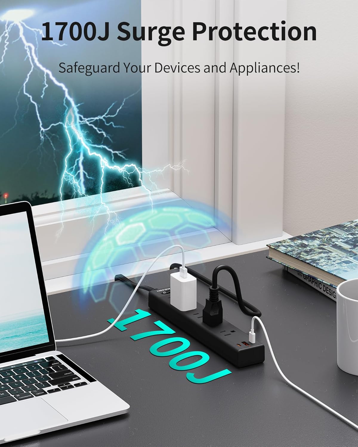 Flat Plug Power Strip, 6 Ft Ultra Thin Extension Cord, Surge Protector with 5 Outlets & 3 USB Ports (2 USB C), 1700 Joules, Wall Mount, Desktop Charging Station for Home Office Dorm, Black