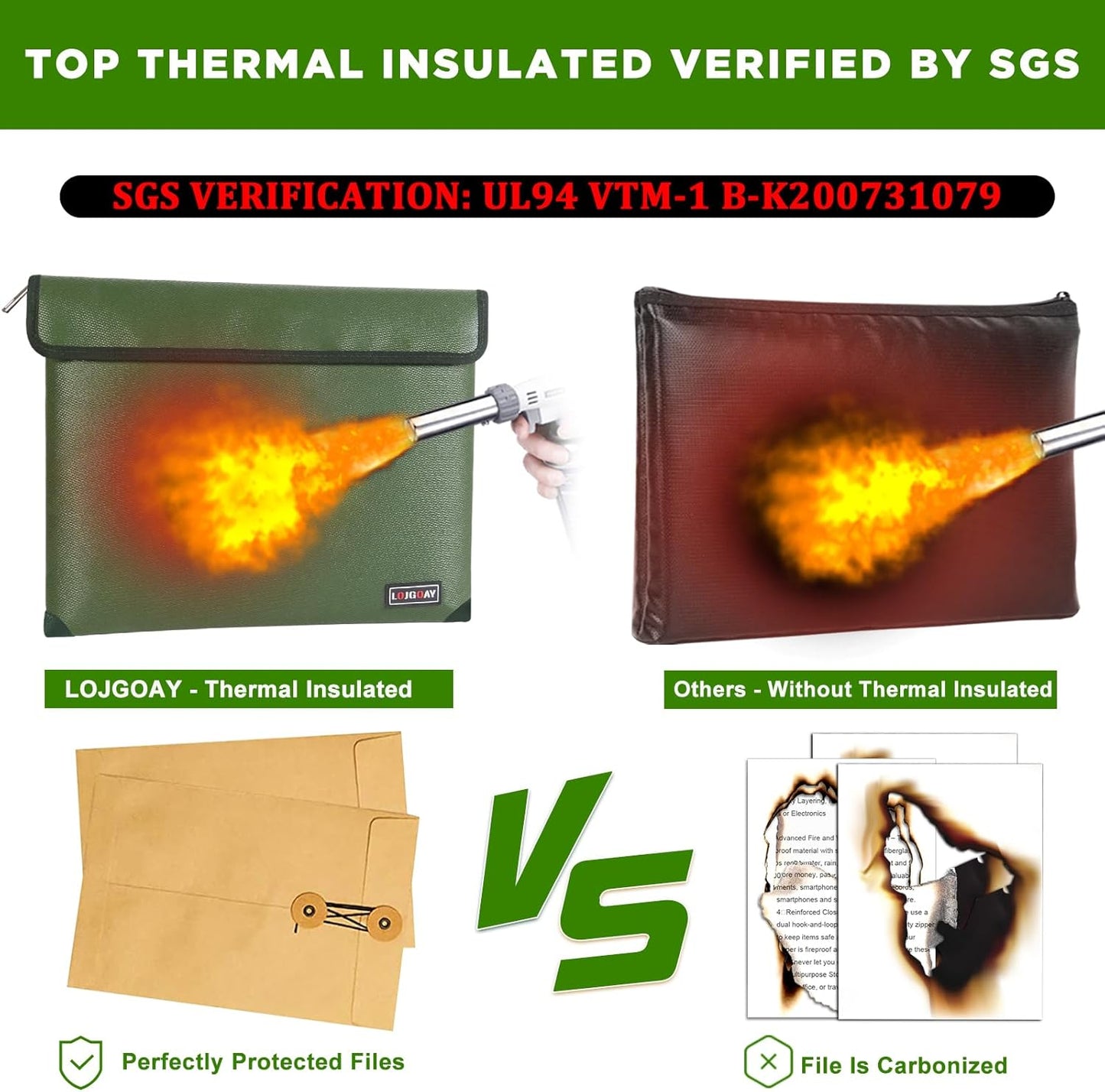 Fireproof Document Bag - with 5200°F Heat Insulated, Waterproof Fireproof Bag with Zipper, Fireproof Money Bag for Cash/Documents/Valuables, Fire bag (Green, 11"x7.7")