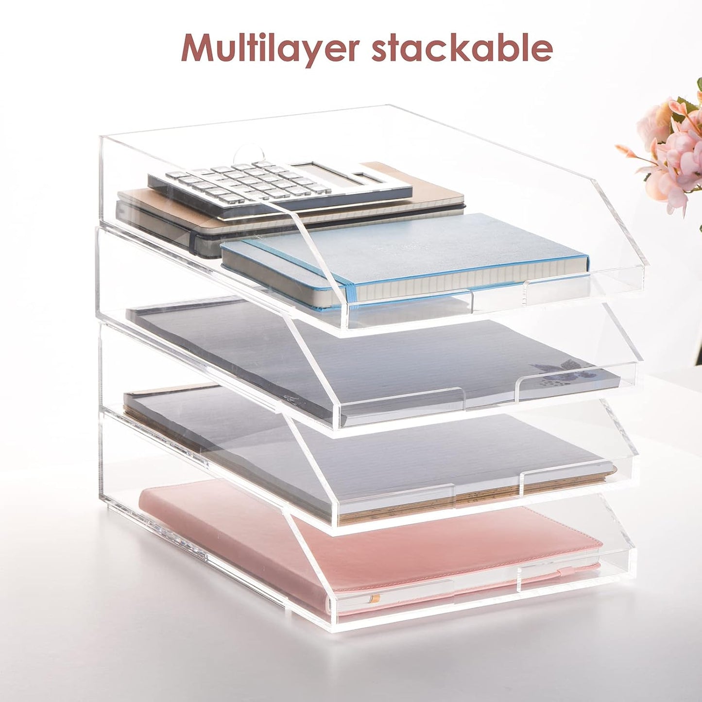 (2pcs Pack) Stackable Clear Acrylic Paper Trays, Desk File Organizer, A4 Paper Holder, Letter Tray