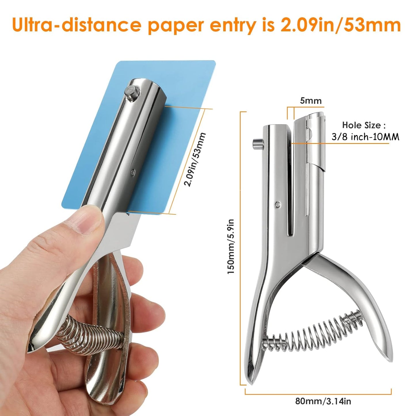 Hole Punch 2" Reach 3/8 inch Single Hole Punch,Heavy Duty Hole Puncher Single,Paper Punch Portable Hand Held Long Hole Puncher for Paper Cards Plastic Cardboard (Silver) (3/8"-10mm Hole)