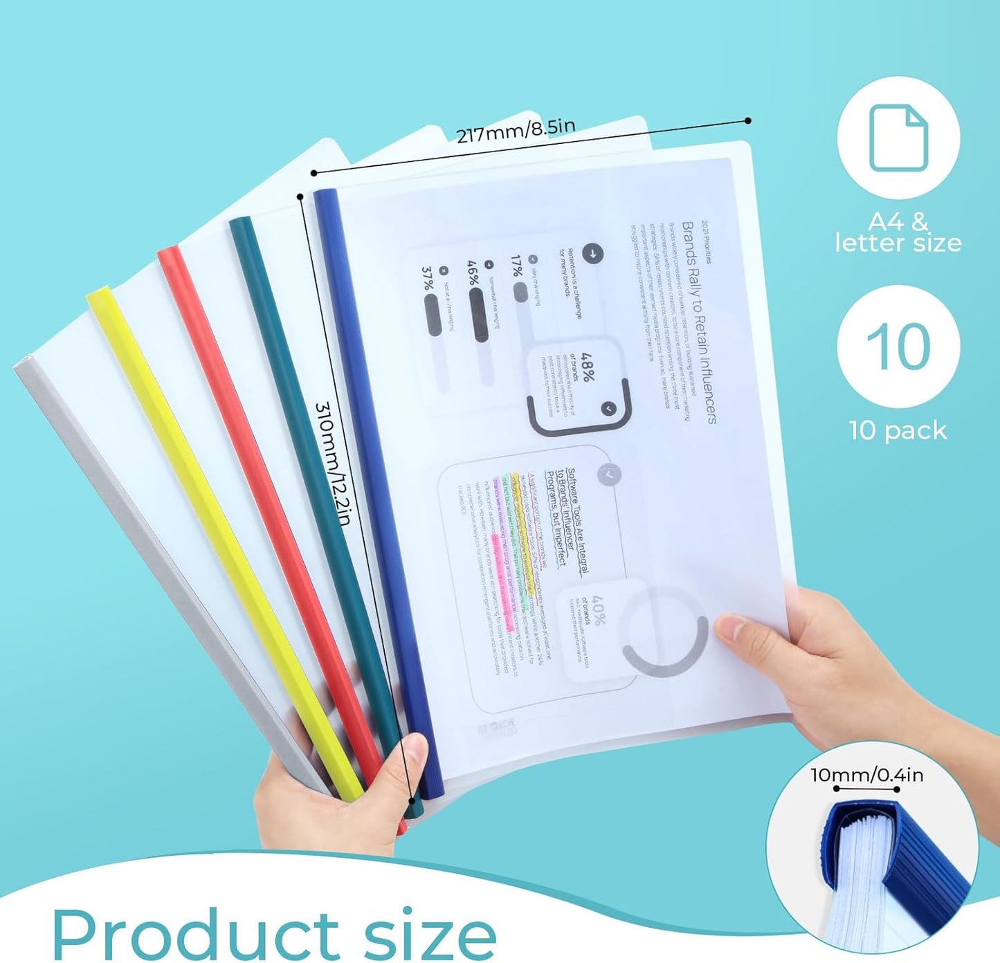 M&G 10 Pack Report Covers with Single Random Colored Sliding Bar, 10mm Clear Report Covers for A4 and Letter Size, 70 Sheet Capacity, Presentation File Folder Document Binder for School Office