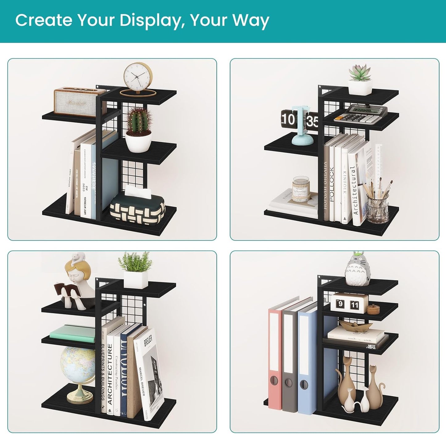 ELITEROO Desktop Bookshelf, 4 Tier Wood Desk Organizer Shelf, Tabletop Storage Shelf Rack for Office Supplies, Desk Decorations for Women Office, Rustic Black