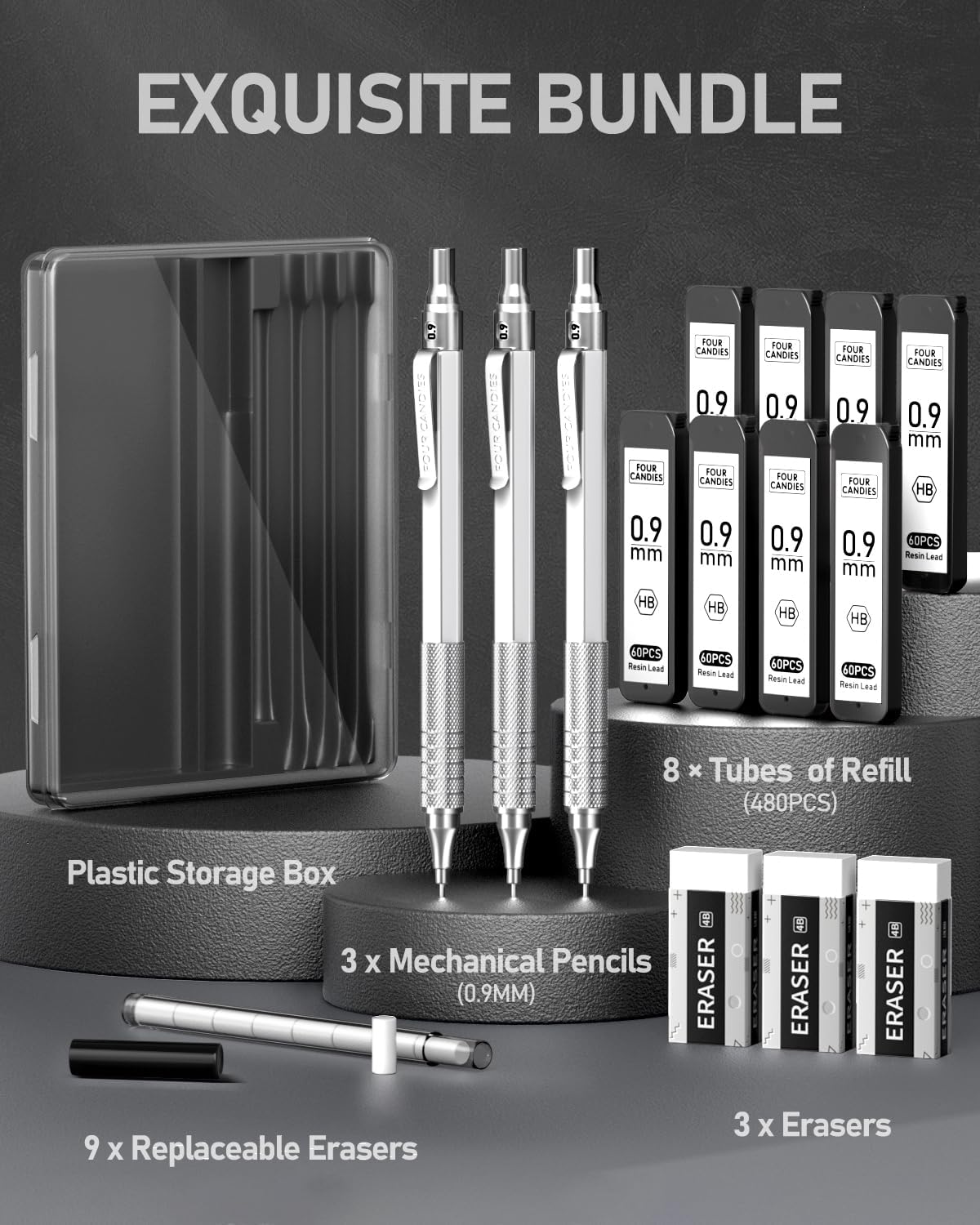 Four Candies 0.9mm Mechanical Pencil Set with Case, 3PCS Metal Artist Lead Pencil with 8 Tubes (480PCS) HB Lead Refills, 3 Erasers, 9 Eraser Refills For Engineer Art Writing Drafting, Silver
