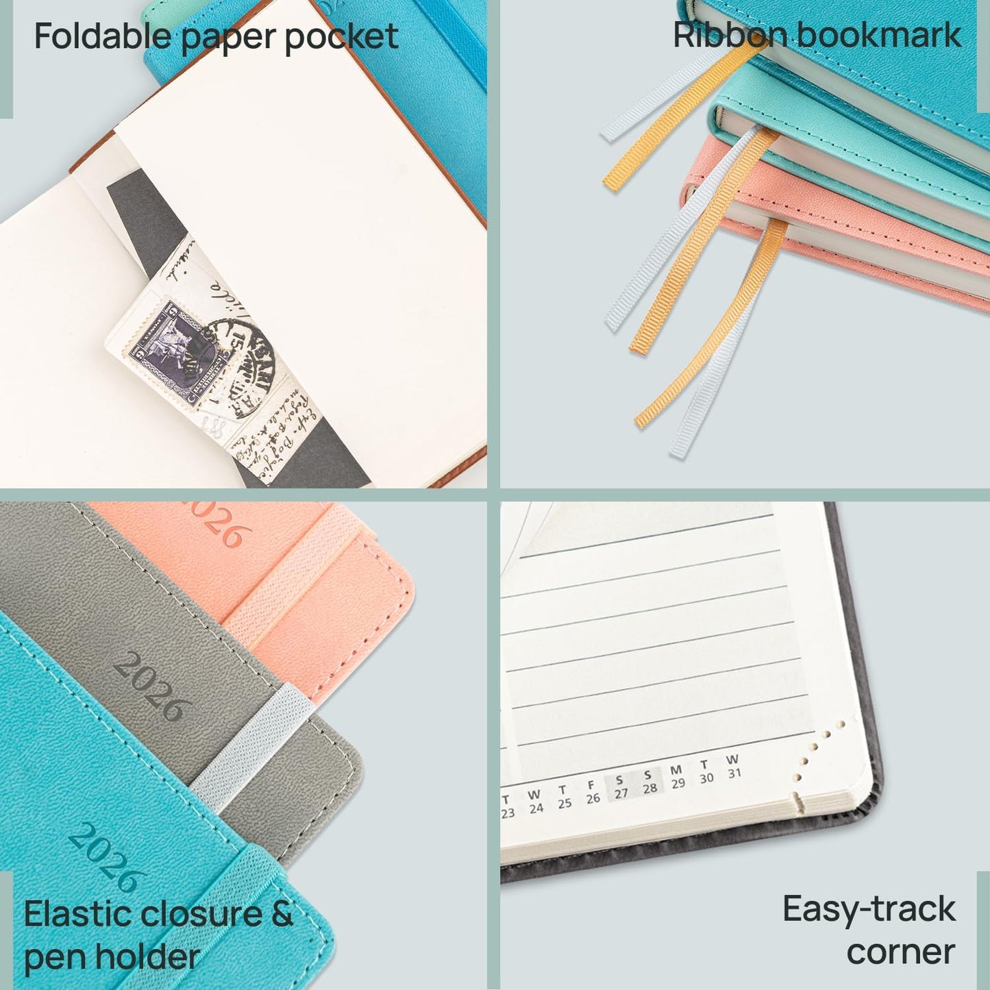 POPRUN Daily Planner 2026 (Jan - Dec), (Purse Size-4.25" x 6.25") 2026 Daily Calendar with One Page Per Day Even Weekends, Hourly Appointment Book with Pocket, PU Leather Softcover - Pacific Green