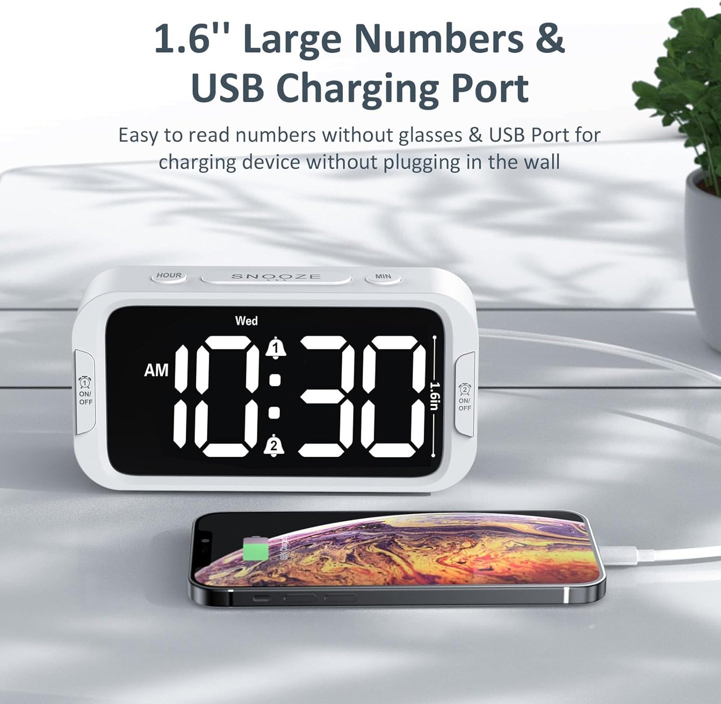 Digital Dual Alarm Clock for Bedroom, Easy to Set, 0-100% Dimmer, USB Charger, 5 Sound Adjustable Volume, Weekday/Weekend Mode, Snooze, 12/24Hr, Battery Backup, Compact Clock for Bedside(White)