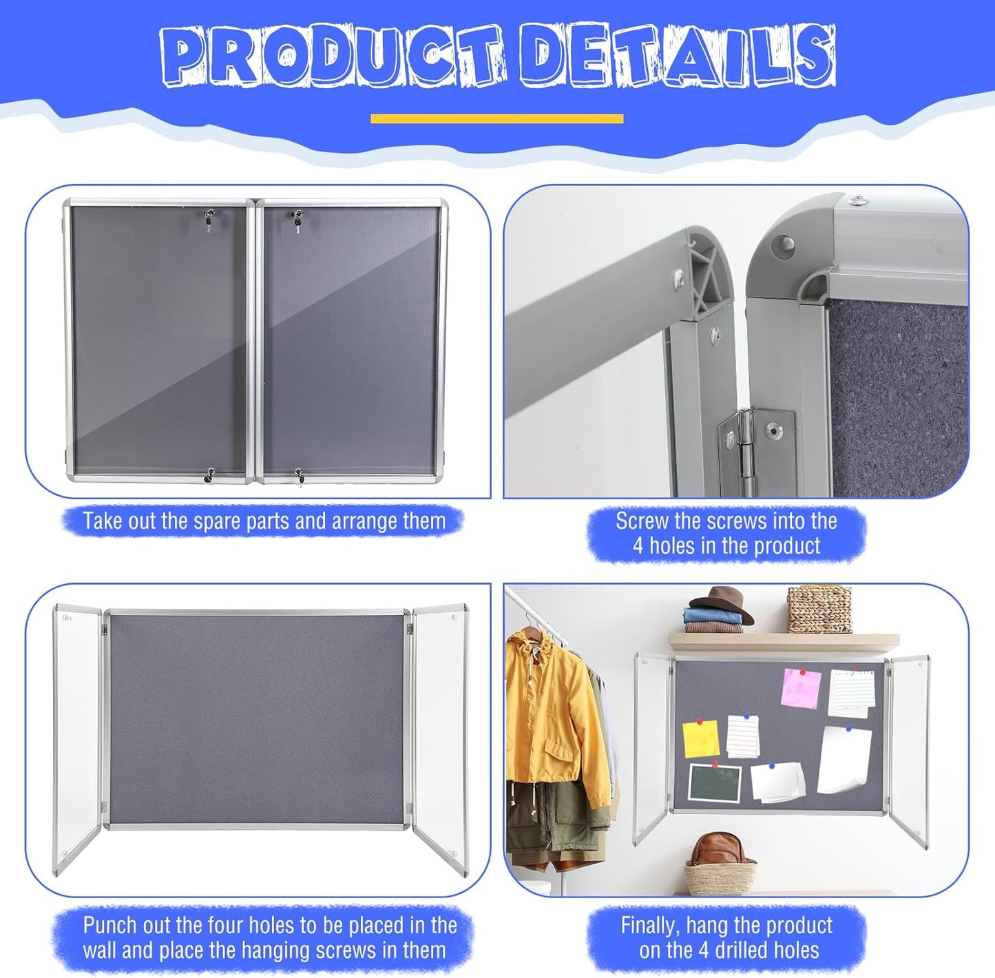 2 Pack Enclosed Bulletin Board 48"x36" Weather Resistant Lockable Enclosed Notice Cork Case Display Board Wall Mounted 2 Locking Door Aluminum Frame for Back to School Classroom, 12xA4(Gray)