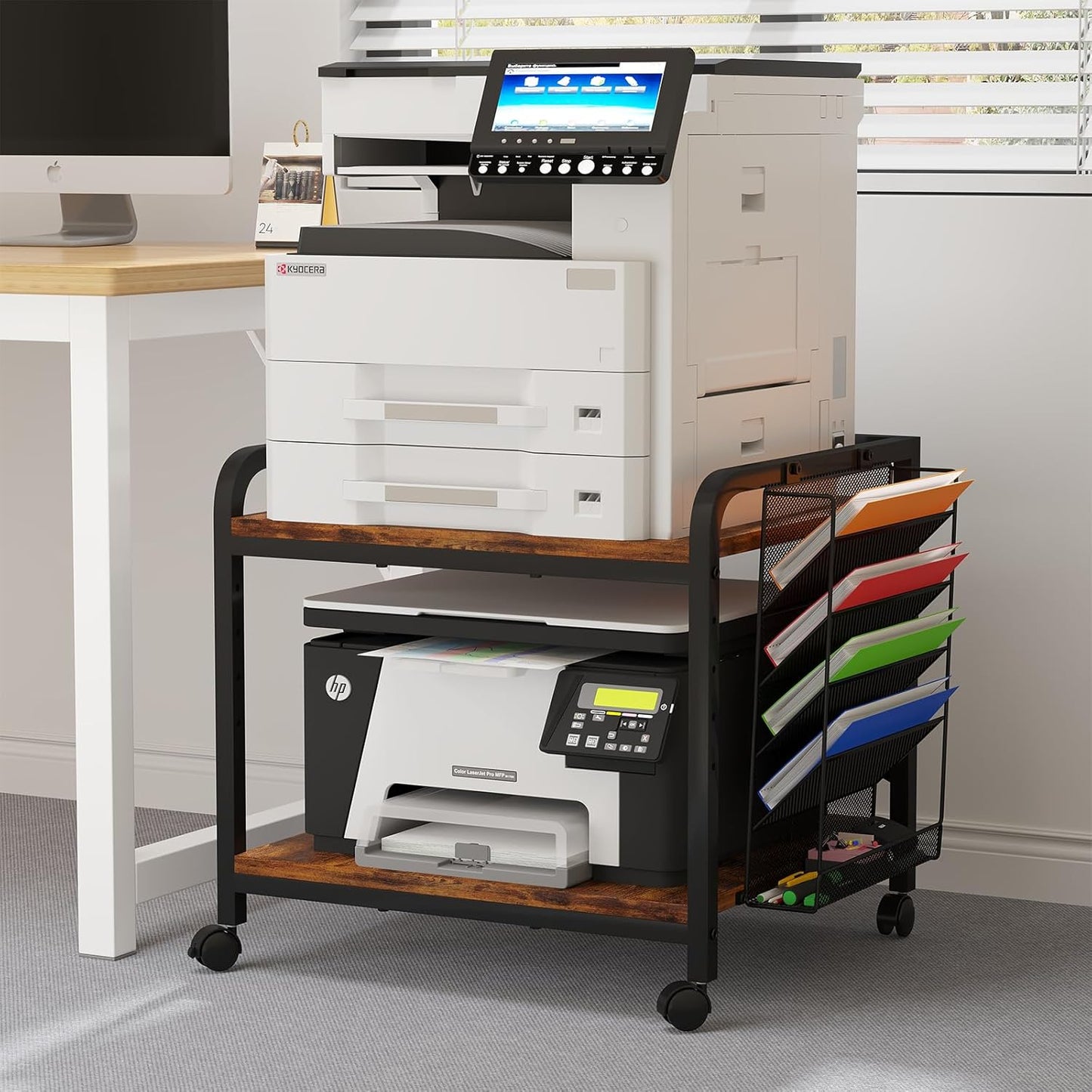 EasyCom 24"x20" Large Printer Stand with Hanging File Holder Organizer, Adjustable Height Shelf with Wheels, Under Desk Table with Storage for Printer Scanner Fax Home Office Use Rustic Brown