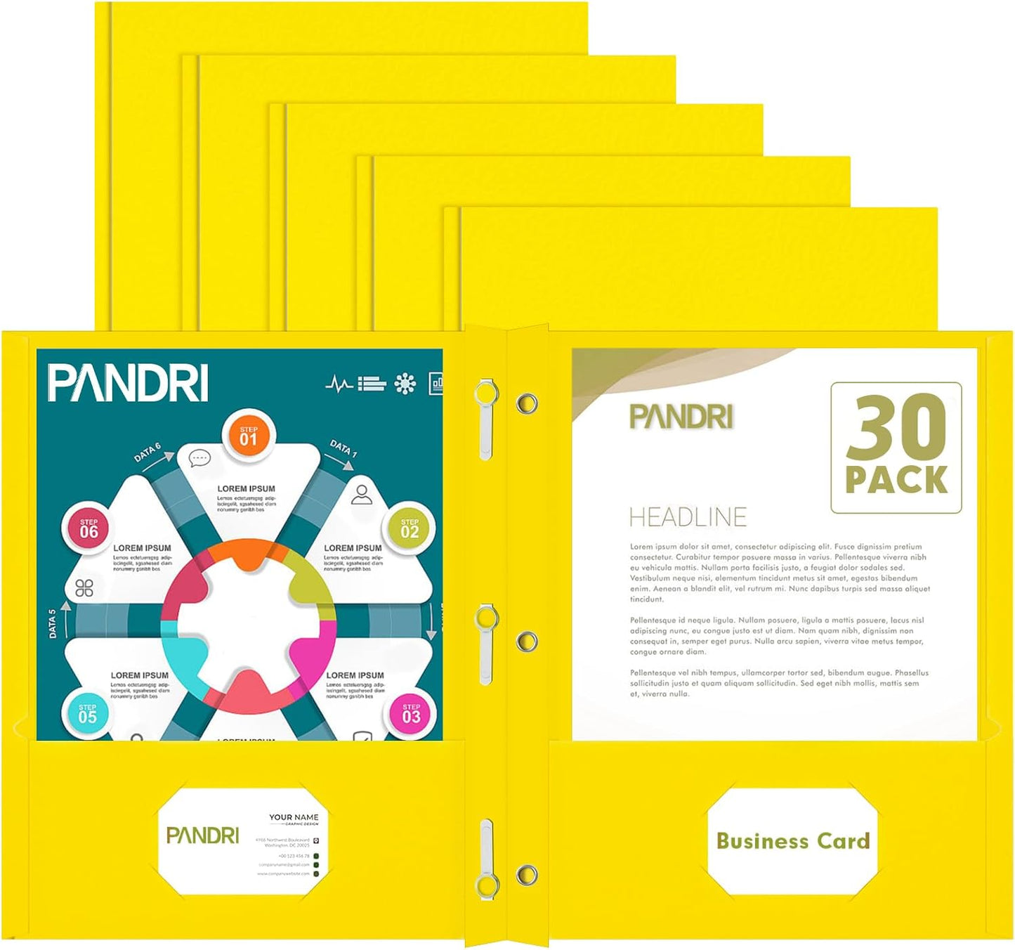 Two Pocket Folders, PANDRI 30 Pack Two Pocket Folders with Prongs, 3 Prong Folders Designed for Office and Classroom, Letter Size Yellow