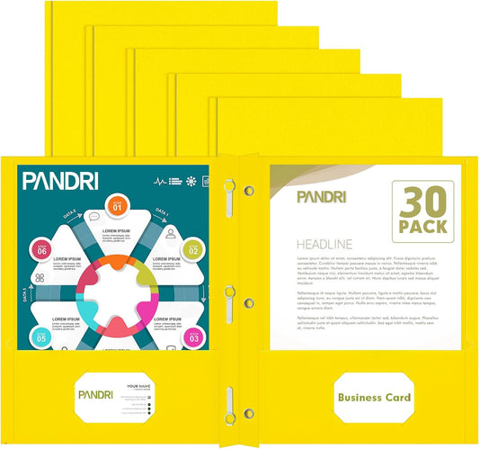 Two Pocket Folders, PANDRI 30 Pack Two Pocket Folders with Prongs, 3 Prong Folders Designed for Office and Classroom, Letter Size Yellow