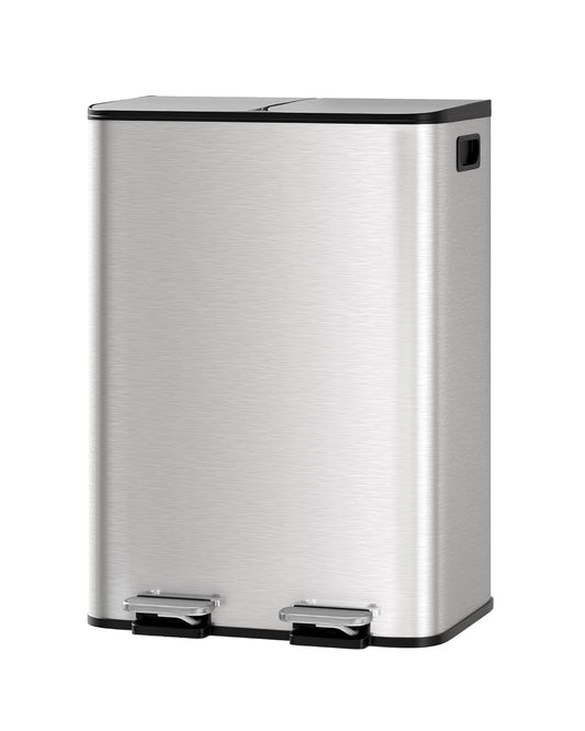 GarveeHome 2 x 8 Gallon Stainless Steel Double Trash Can with Lid for Kitchen, Large Dual Trash and Recycle Bin Combo, Step-on Kitchen Metal Garbage Cans, PP Inner Buckets, Liner Rim, Silver