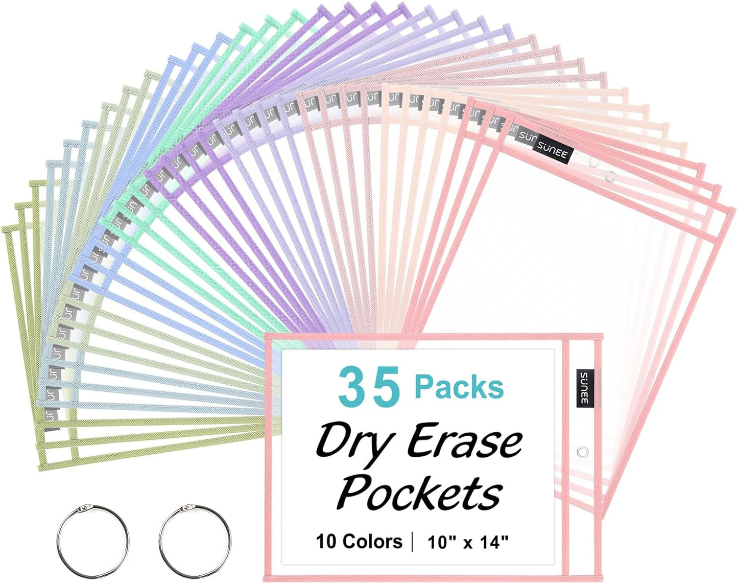 SUNEE 35 Packs Oversized Reusable Dry Erase Pocket Sleeves with 2 Rings, 10 Morandi Colors 10x14 Ticket Holders, Clear Plastic Sheet Protectors, Teacher School Classroom Supplies