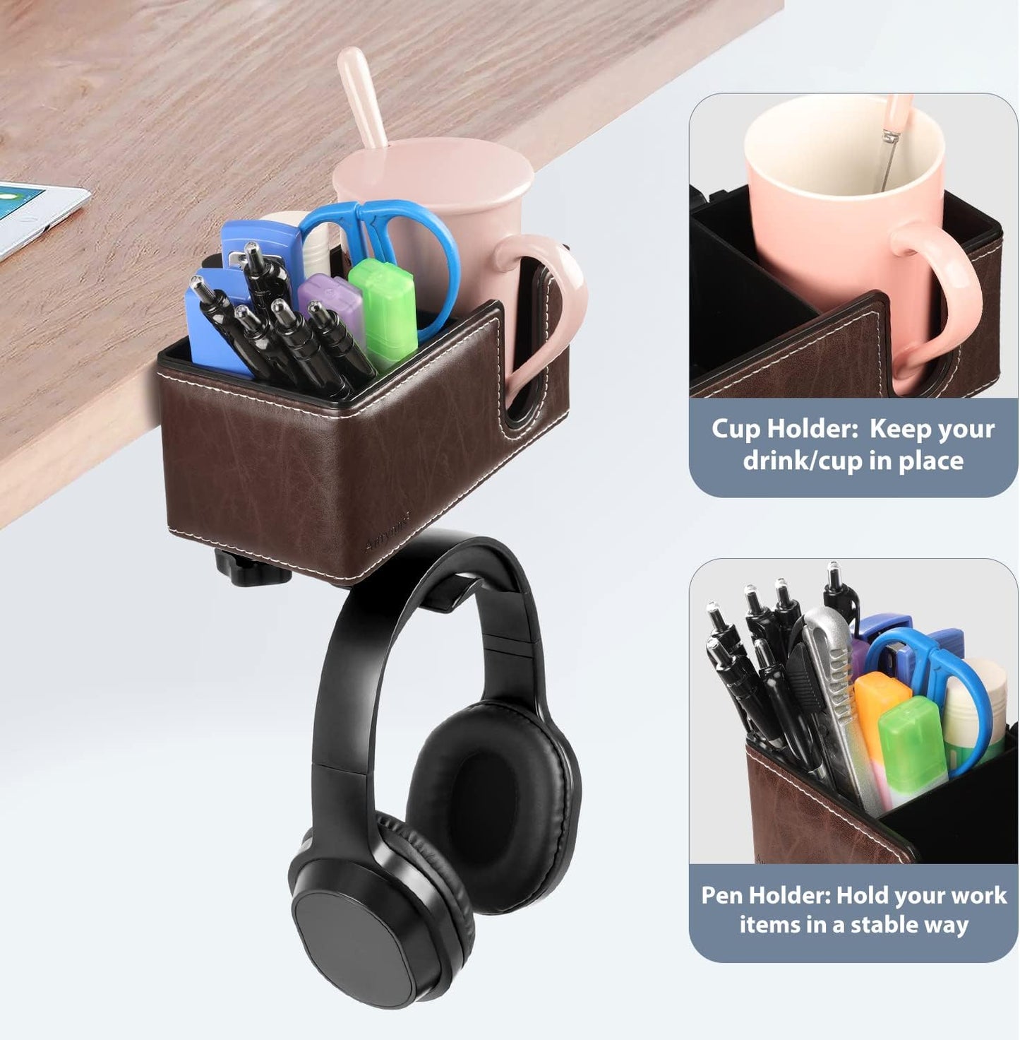 Desk Cup Holder Clip on Pen Holder Headphone Hanger Headset Stand Rotatable Clamp Hook Under Desk (Brown)