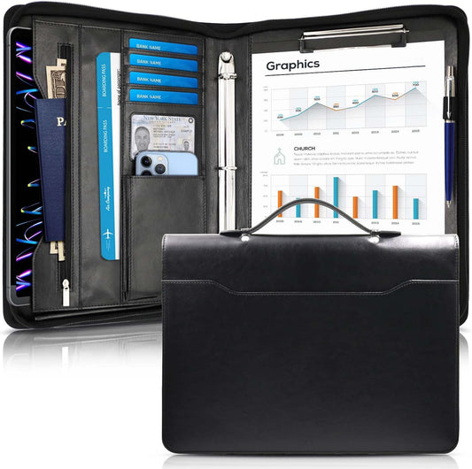 Faux Leather Portfolio Binder with Handle & Clipboard, Zippered Padfolio Folder Organizer 3 Ring Binder for Document, Business Card Holder, Professional Portfolio Notebook for Men & Women (Black)