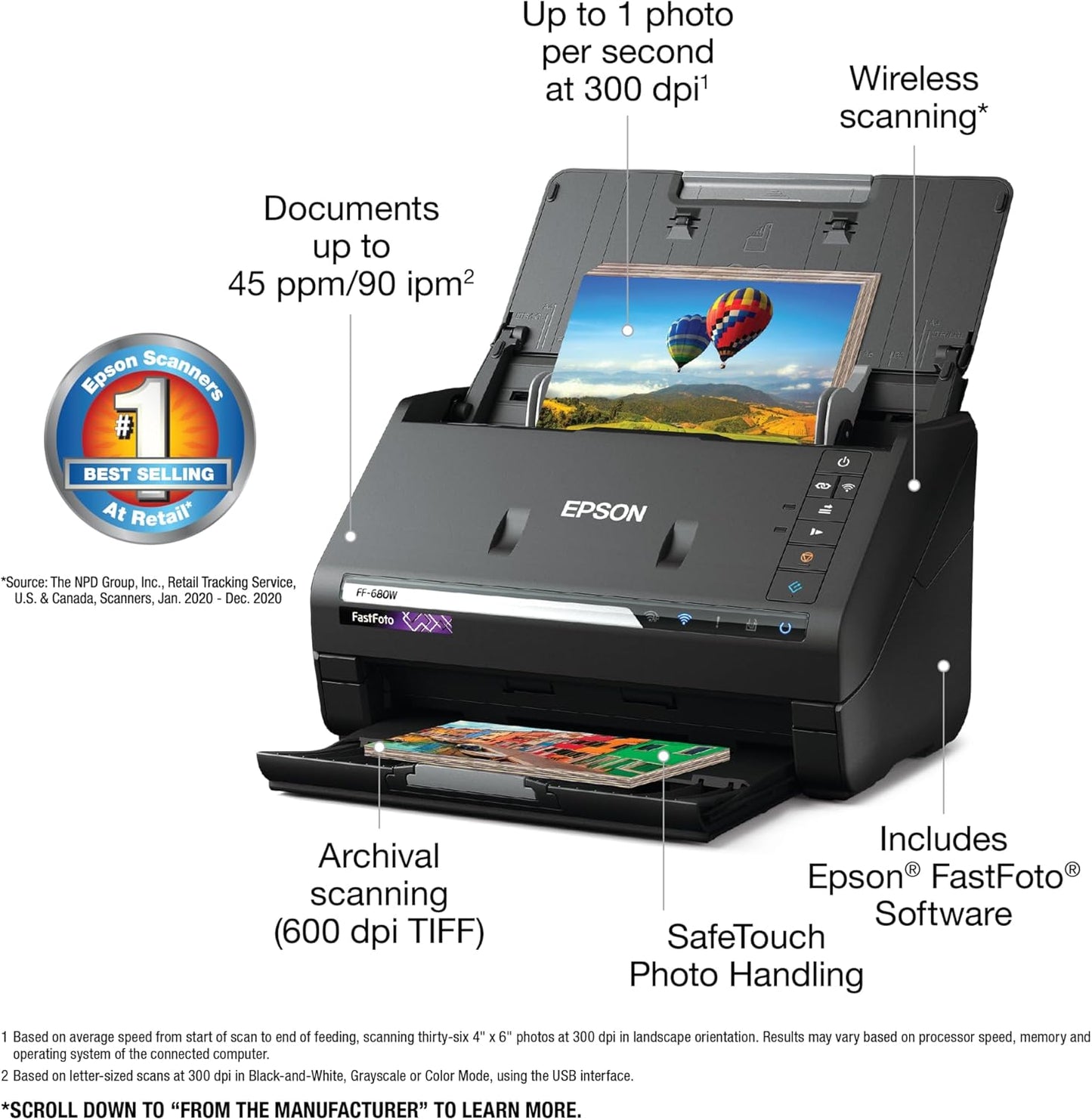 Epson FastFoto FF-680W Wireless High-Speed Photo and Document Scanning System, Black