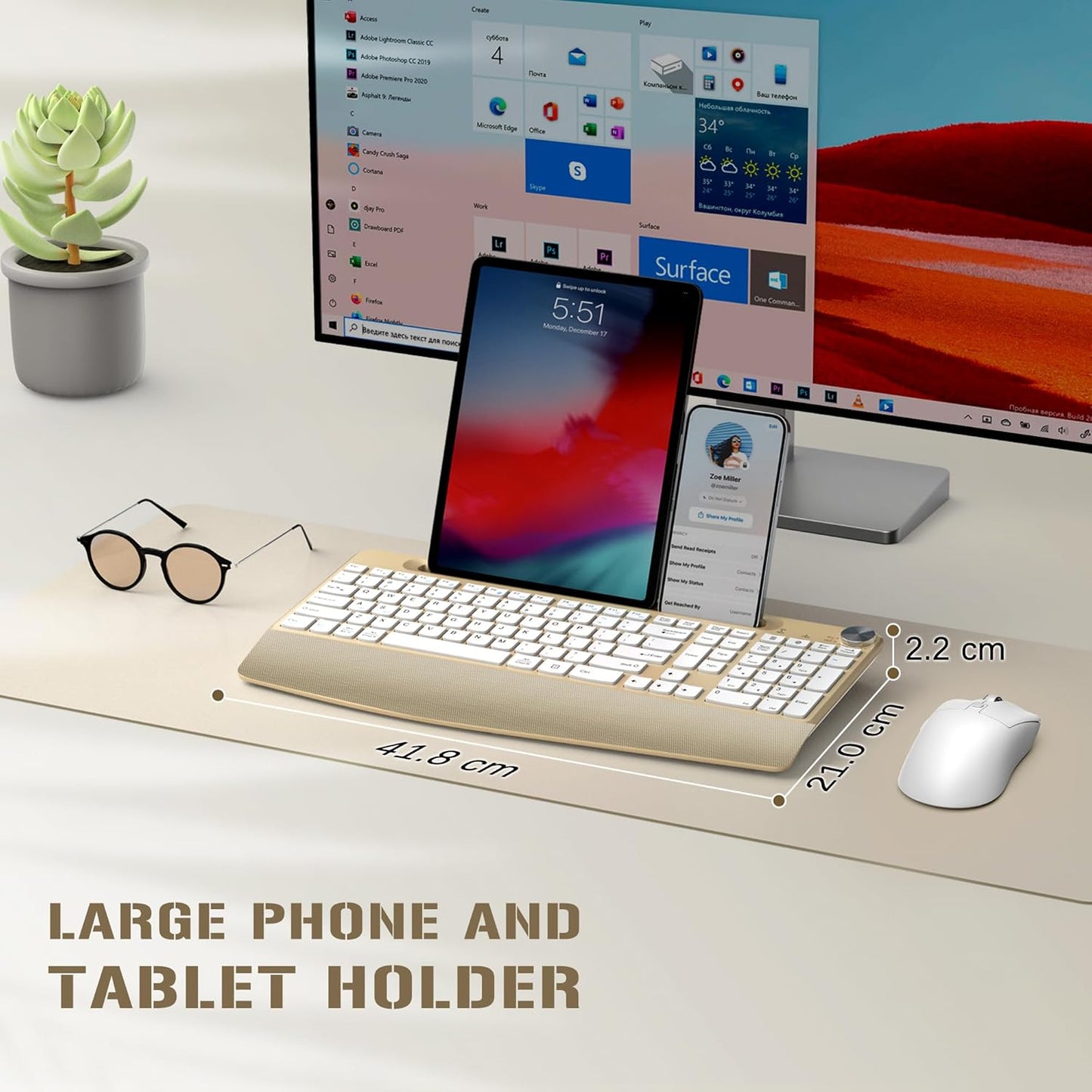 Ergonomic Wireless Keyboard and Mouse with Wrist Rest，Phone Holder - 2.4GHz Full-Sized Low-Profile Quiet Gold Wireless Mouse and Keyboard Combo for Computer, Laptop, PC, Mac-Gold
