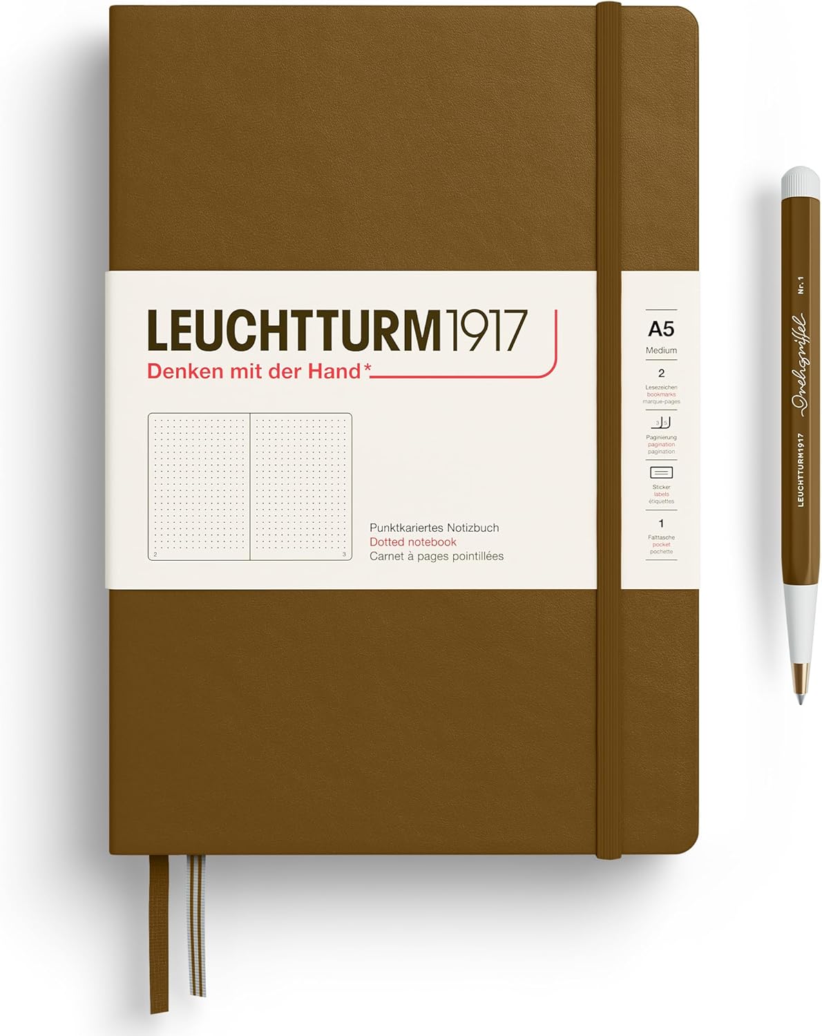 LEUCHTTURM1917 - Notebook Hardcover Medium A5-251 Numbered Pages for Writing and Journaling - Thinking Ahead (Dotted Paper, Spice Brown)