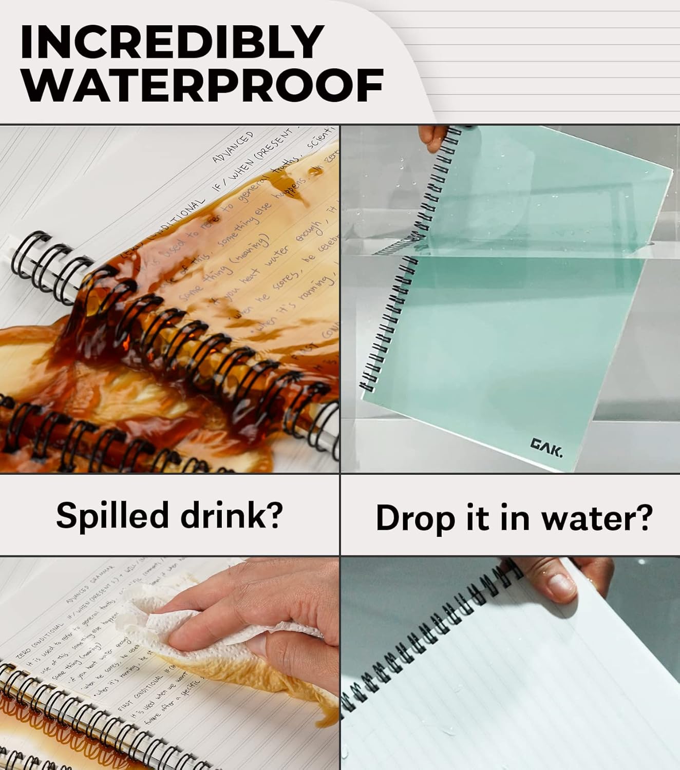 GAK. Stone Paper Waterproof Sheet Spiral Notebook (M Size) – 5.8”x8.3”, 50 sheets, Stone Paper Notebook Journal Note Taking - Waterproof Notepad College Ruled Paper Black Notebook Aesthetic School