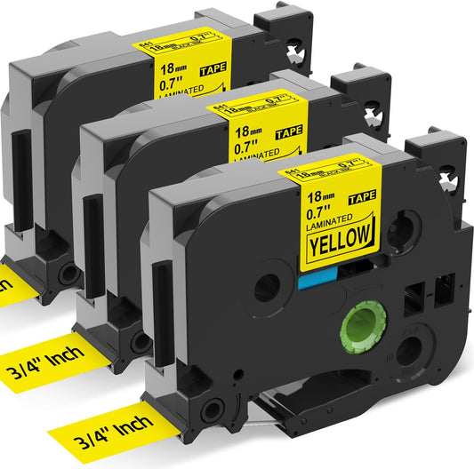 18mm Black on Yellow Label Tape Replacement for Brother TZe-641 TZe641 TZe 18mm 0.7 Laminated Yellow Tape Compatible with Brother P Touch Label for PTD400 PTD410 PTD600 PT1750, 3-Pack