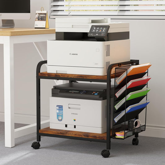 EasyCom Large Printer Stand with File Holder Organizer, Adjustable Height Shelf with Wheels, Rolling Printer Cart with Storage for Printer Scanner Fax Home Office Use Rustic Brown
