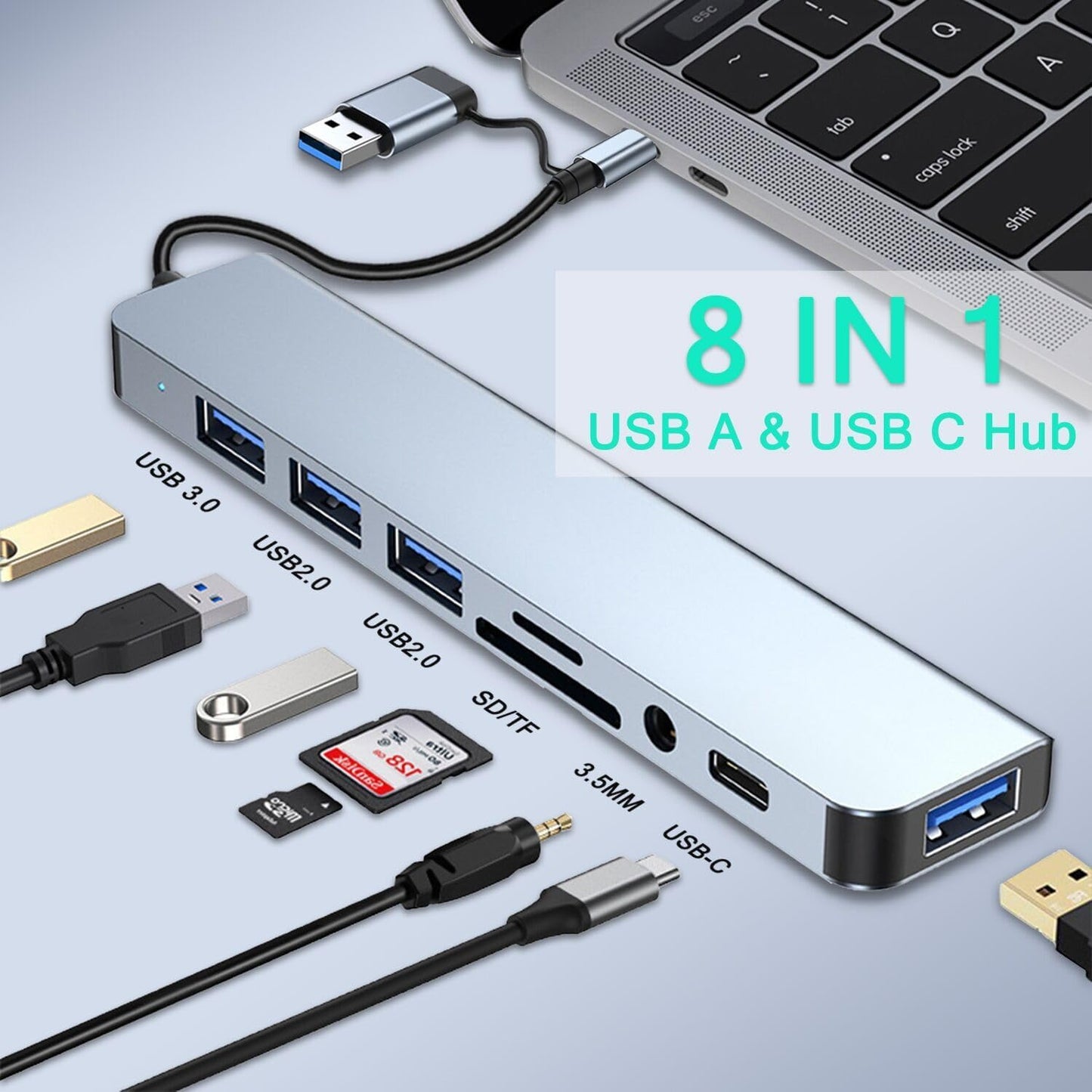 USB C Hub USB Hub 3.0, VIENON Aluminum 8 in 1 USB Splitter with 1 x USB 3.0, 3 x USB 2.0 and 1 x USB C, SD/TF Card Reader, 3.5mm Aux Ports for MacBook Pro Air and More PC/Laptop/Tablet Devices