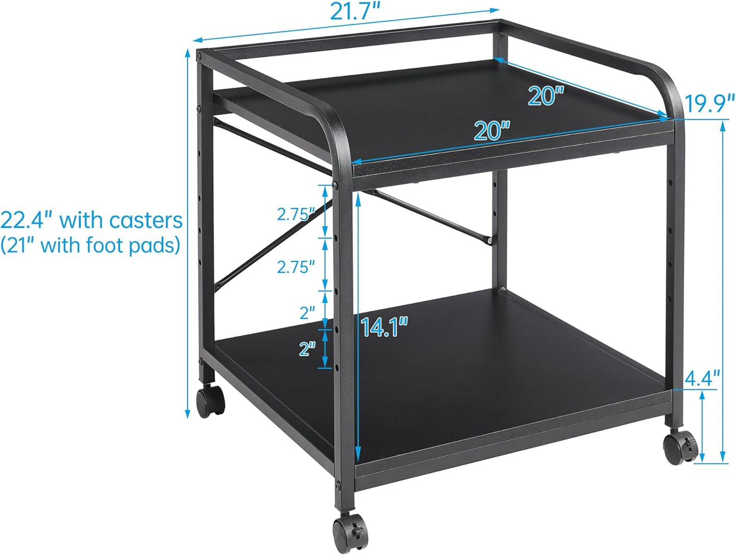 2 Tier Under Desk Printer Stand with Storage, 20 Inches Deep Large Printer Table with Height Adjustable Shelf, Rolling Printer Cart with Wheels for Home Office - Black