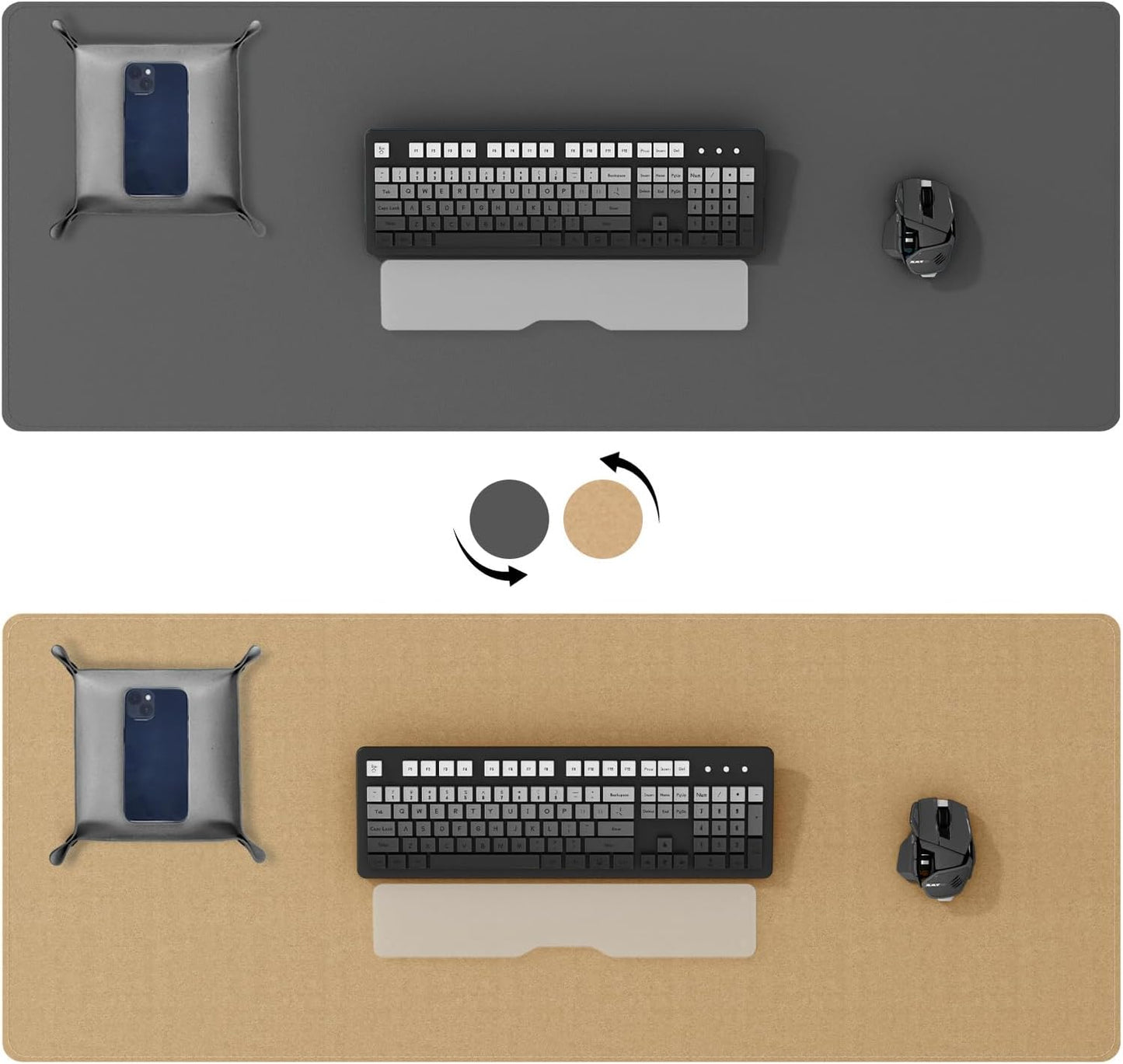 DAWNTREES Dual Sided Desk Mat,Leather Desk Pad,40"x16",Cork Desk Mat Protector,with PU Leather Valet Tray Organizer,Large Mouse Pad,Desk Writing Pad for Office and Home(Dark Gray)