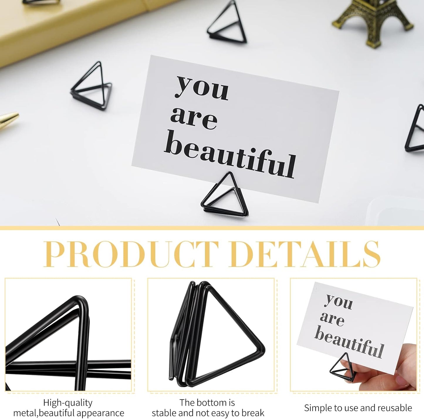 Epakh 100 Pcs Place Card Holder for Table Card Holders for Wedding Triangle Shape Table Number Picture Clips Stand for Centerpiece Anniversary Party(Black)