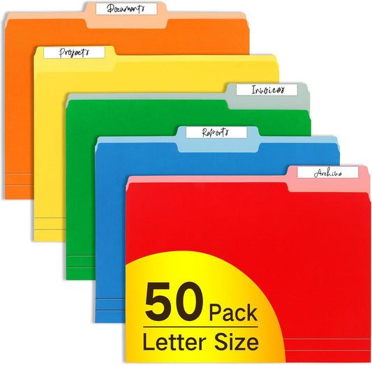 Letter Size File Folders – 1/3-Cut Tab, Durable Colored File Folders for Home, Office, and School Organization, 50-Pack