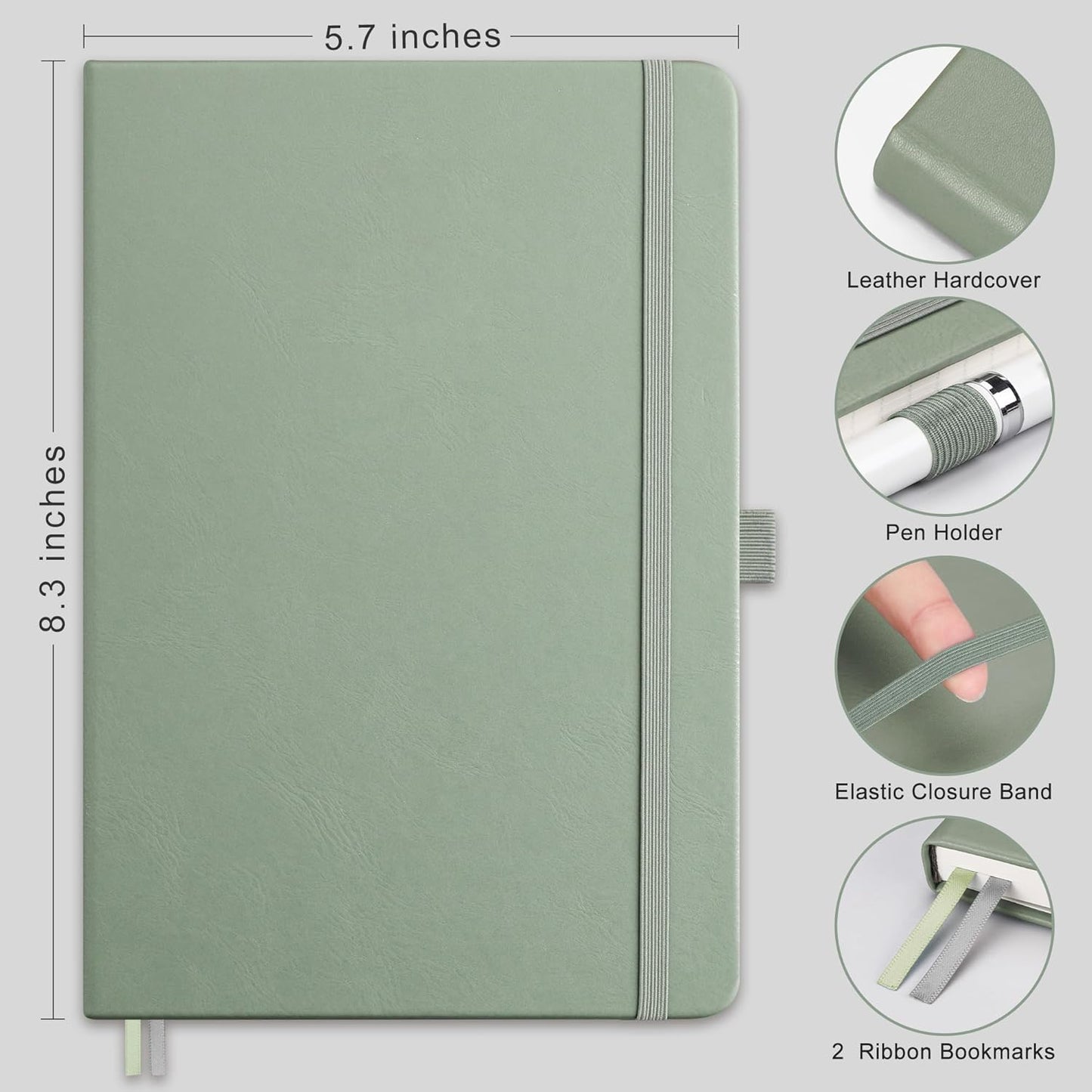 RETTACY Bullet Dotted Journal Notebook, 192 Pages, A5 Medium Size (5.7'' x 8.3''), Leather Hardcover, 100 GSM Thick Paper, for Bullet Journaling, Planning, Tracking (Sage Green)