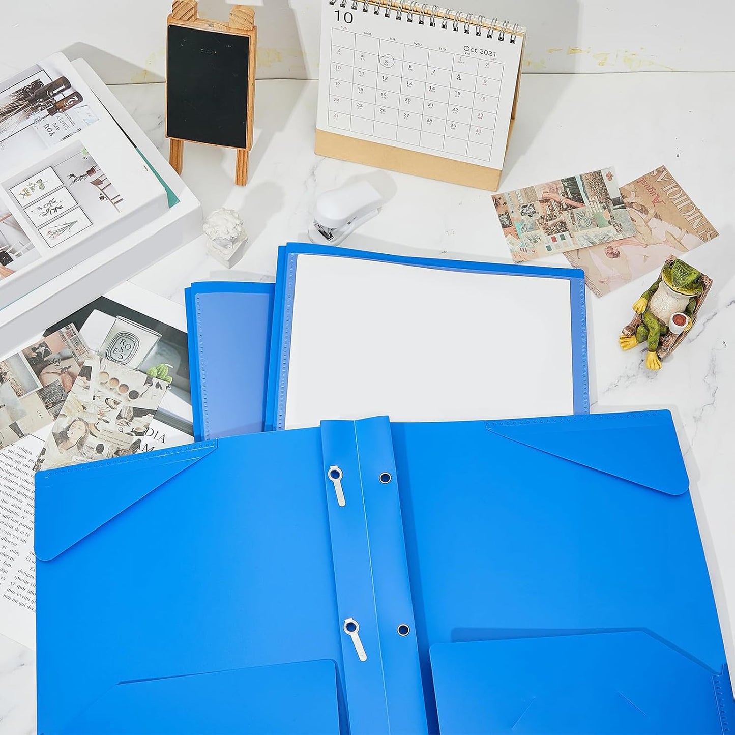 Henoyso 72 Pcs Plastic Folder with Clear Front Pocket and 3 Prong Plastic Folders with Card Slot Pocket Folders with Prongs for School Office (Blue)