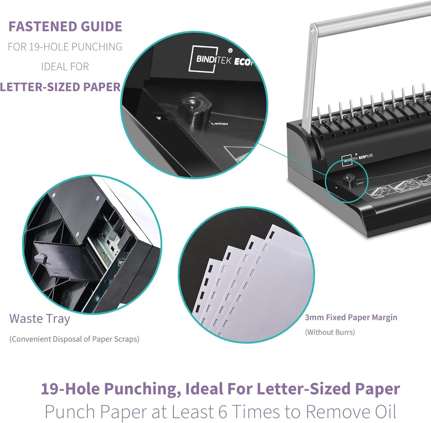 Binditek Binding Machine, 19-Hole, 145 Sheets, Comb Binder Machines with 30 PCS 1/2" Binding Combs, for Letter Size, Fixed Margin