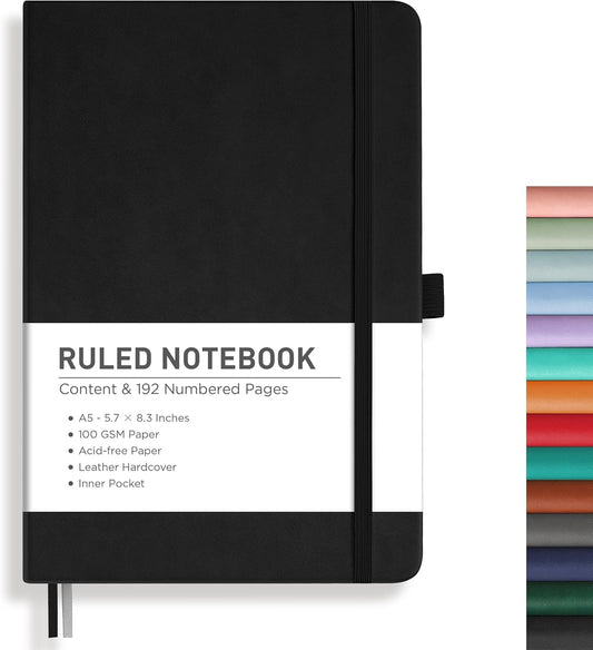 RETTACY Lined Journal Notebook, 192 Numbered Pages, A5 Medium Size (5.7'' x 8.3''), for Men & Women, Journaling, Writing, Work & Office, Leather Hardcover, 100 GSM Thick Paper (Black)