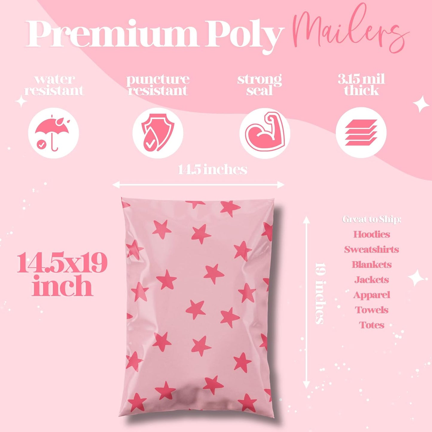 14.5x19 Designer Poly Mailer 100 Pack Heavy Duty Waterproof Self Seal Shipping Bags for Small Business Large Mailing Envelopes Bulk Tear Resistant Cute Packaging Seeing Stars Pink