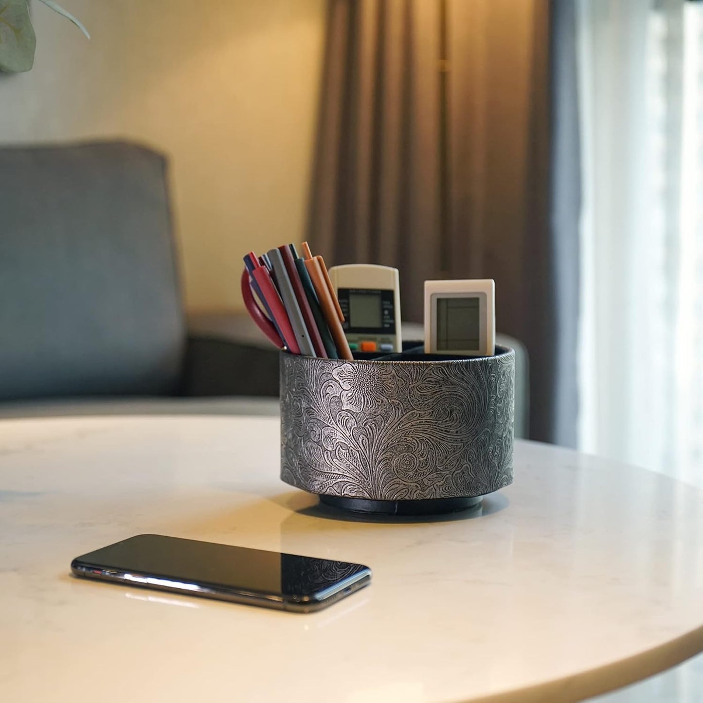 lizimandu Round Leather Art Supply Organizer,Remote Control Holder,360 Degree Spinning,Multi-Functional Pencil Holder,4 Compartments Desktop Stationary Organizer(1-Grey)