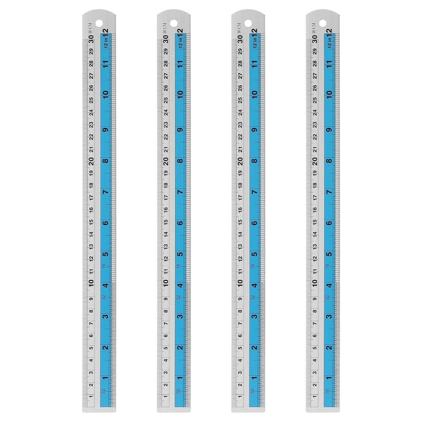 HARFINGTON 4pcs Metal Straight Ruler 30cm Metric SAE Aluminum Alloy Measuring Rulers Scale Tools with Hole for Measure Study Reading Classroom Office, Blue