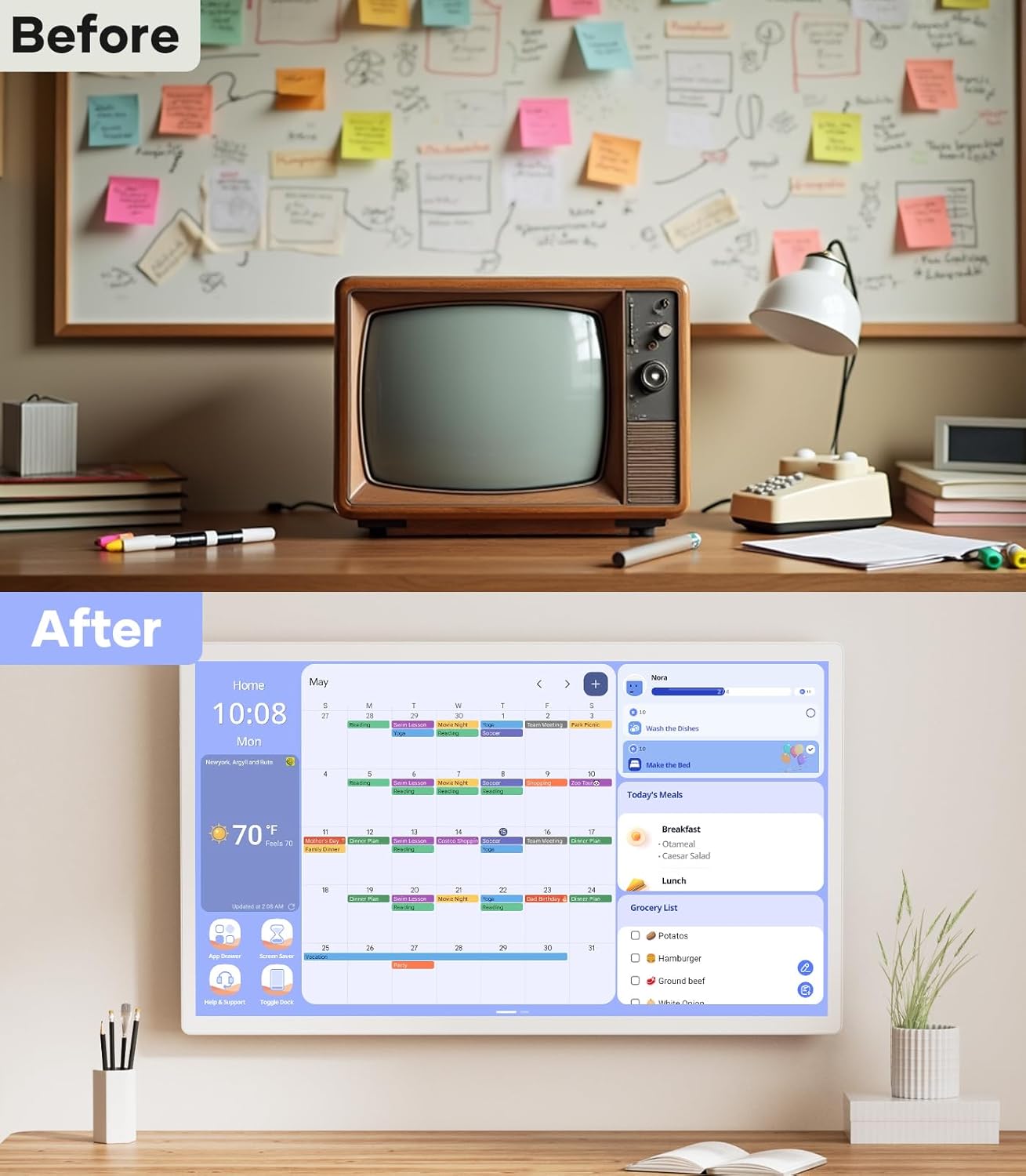 Cozyla Digital Calendar+ 2: 24 inch Wall Planner Touch Screen Chore Chart Customize Dashboard Smart Electronic Calendar for Family Schedules Meal Planner Support Any Google Play App Wall Mount White