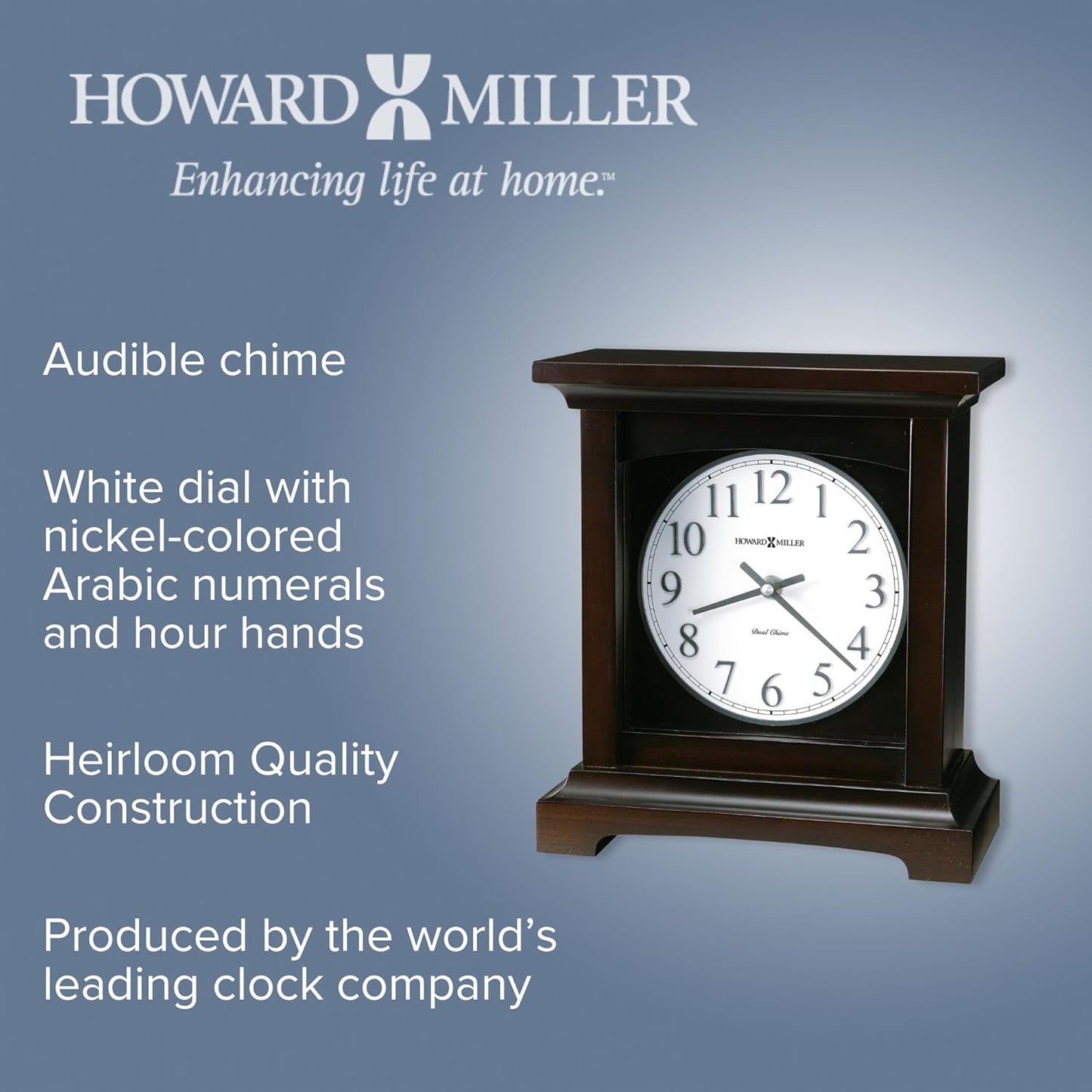 Howard Miller Urban II Mantel Clock, White Analog Clock Arabic Numerals Dual-Chime Movement, Top Flat Pediment Black Finish Durable Square Frame, Idle Alarm Clock for Home Decor, Bedroom & Office