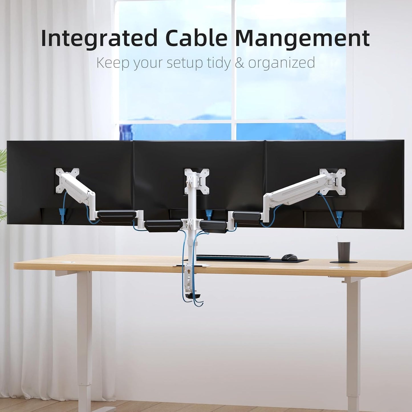 suptek Triple Monitor Mount for Most 17 to 32 inch Screens,Gas Springs Adjustment Triple Monitor Desk Mount Stand with Clamp & Grommet Kit,White(MD8003W)