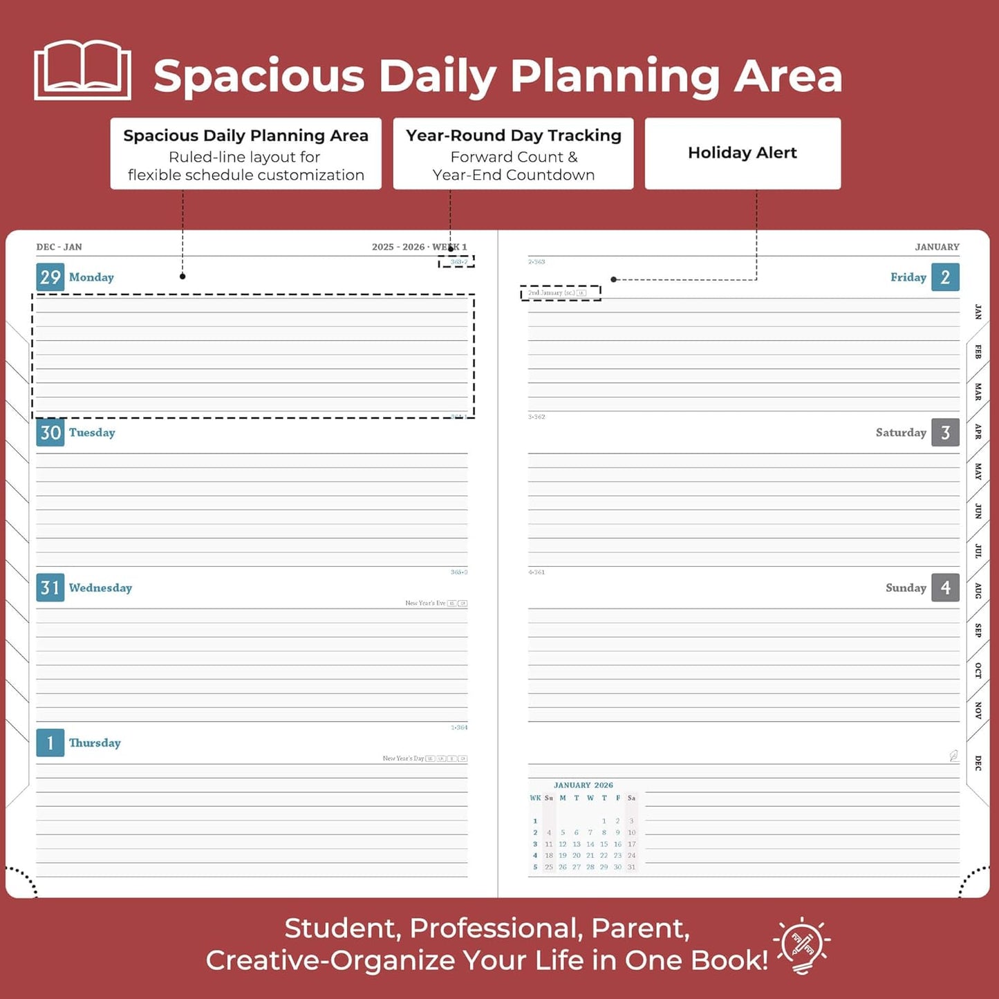 IN-LUXPRO Weekly Monthly 2026 Planner (Jan.26-Dec.26),8.5"x6.5",12 Months Agenda Plan with Month Tabs & Pocket,Expenses/Note Pages, Appointment Book Calendar with Hardcover Vegan Leather Cover,Red
