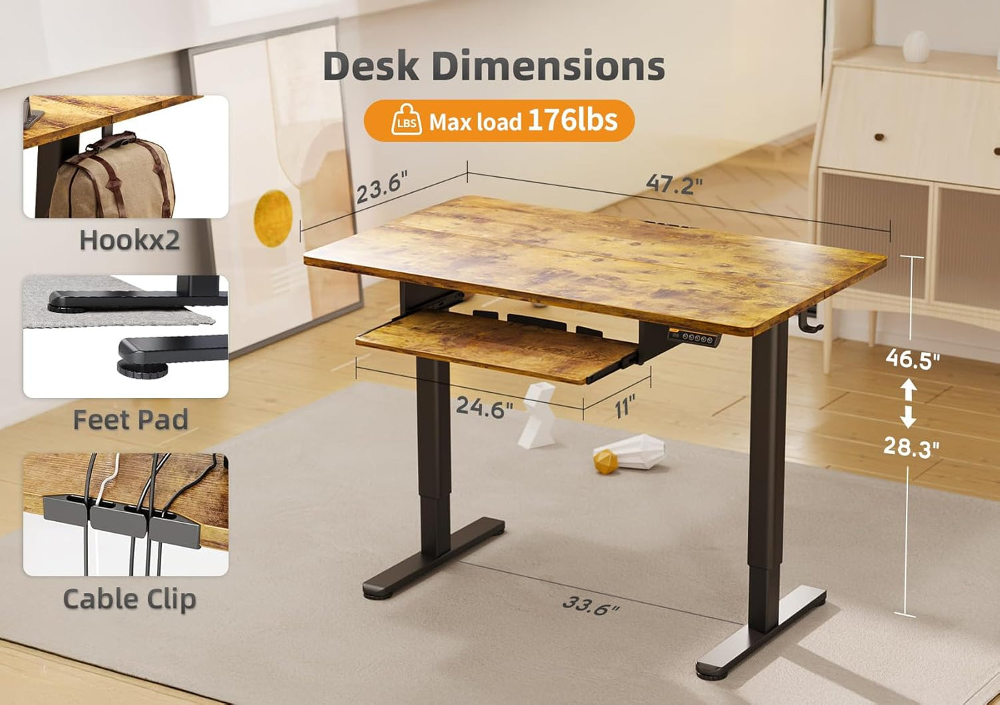 Claiks Standing Desk with Keyboard Tray, Standing Desk Adjustable Height, Raising Desks for Home Office and Computer Workstation, 48 Inches, Rustic Brown