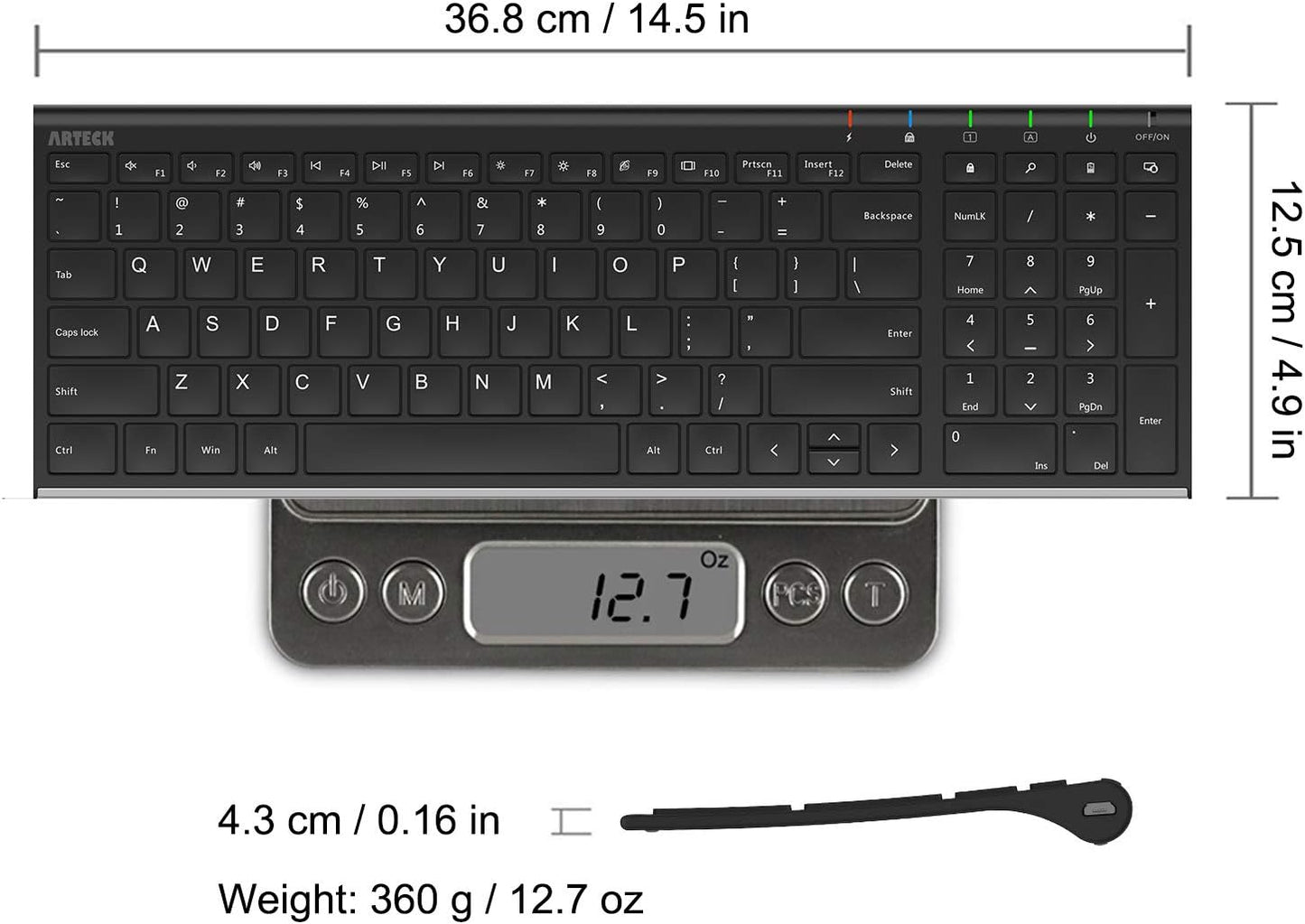 Arteck USB Wireless Keyboard Stainless Steel Ultra Slim Keyboard with Numeric Keypad for Computer/PC/Laptop and Windows 11/10/8 Rechargeable Battery