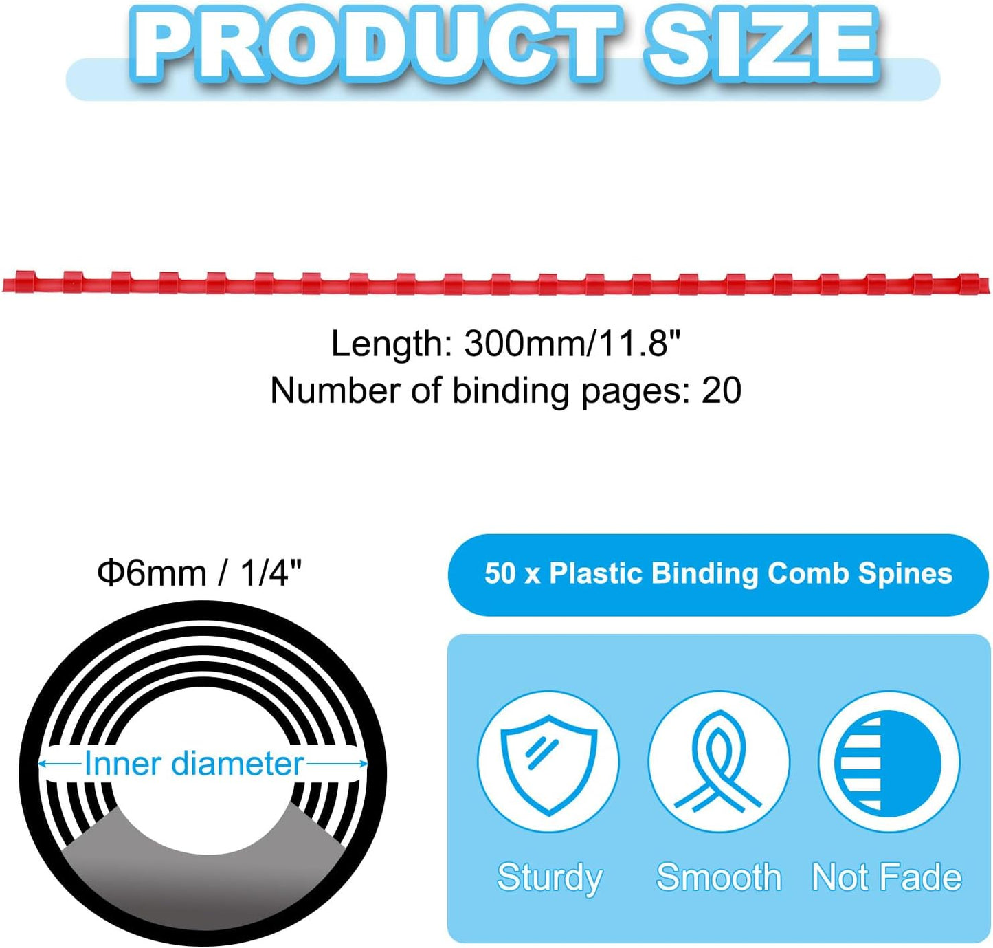 PATIKIL 6mm (1/4") Plastic Binding Combs, 50 Pcs 21 Rings Comb Binding Spines 20 Sheet Capacity Letter Size for Binding Paper Sheets, Red