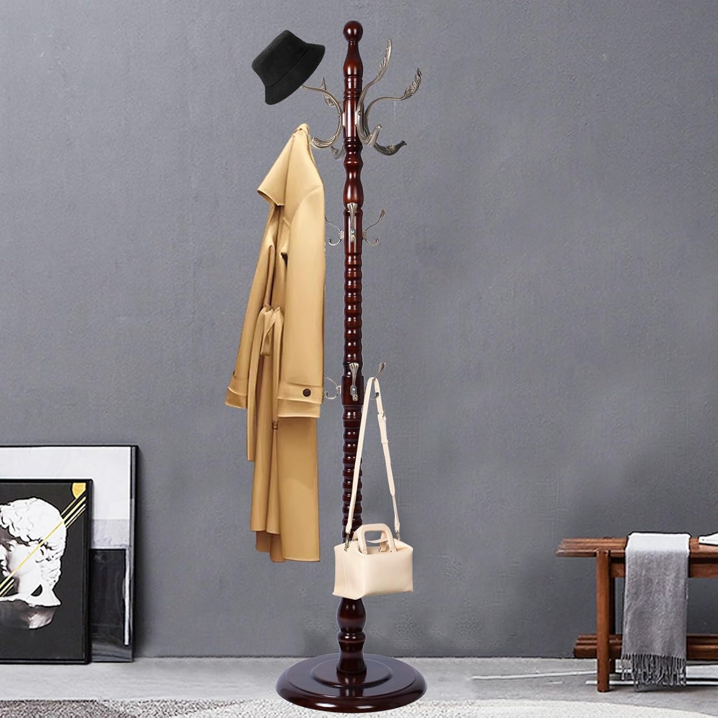 Coat Racks FreeStanding with 14 Hooks, Natural Wood Coat Rack with Solid Round Base, Adjustable Height Coat Racks, Easy Assembly for Hallway, Bedroom and Office (Reddish Brown-Metal Hook)