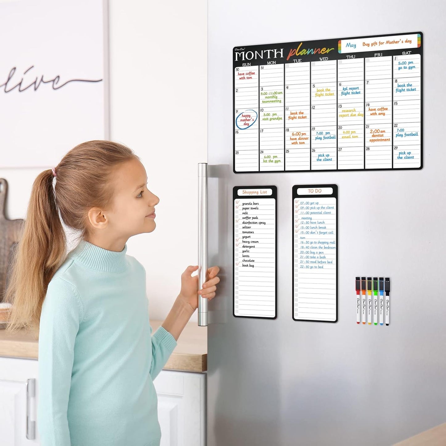 Magnetic Dry Erase Monthly Calendar - 17"x12" Monthly Calendar for Fridge - 4"x12" List Board 2 Pcs - 6 Extra Fine Point Markers Included - Shipped Flat
