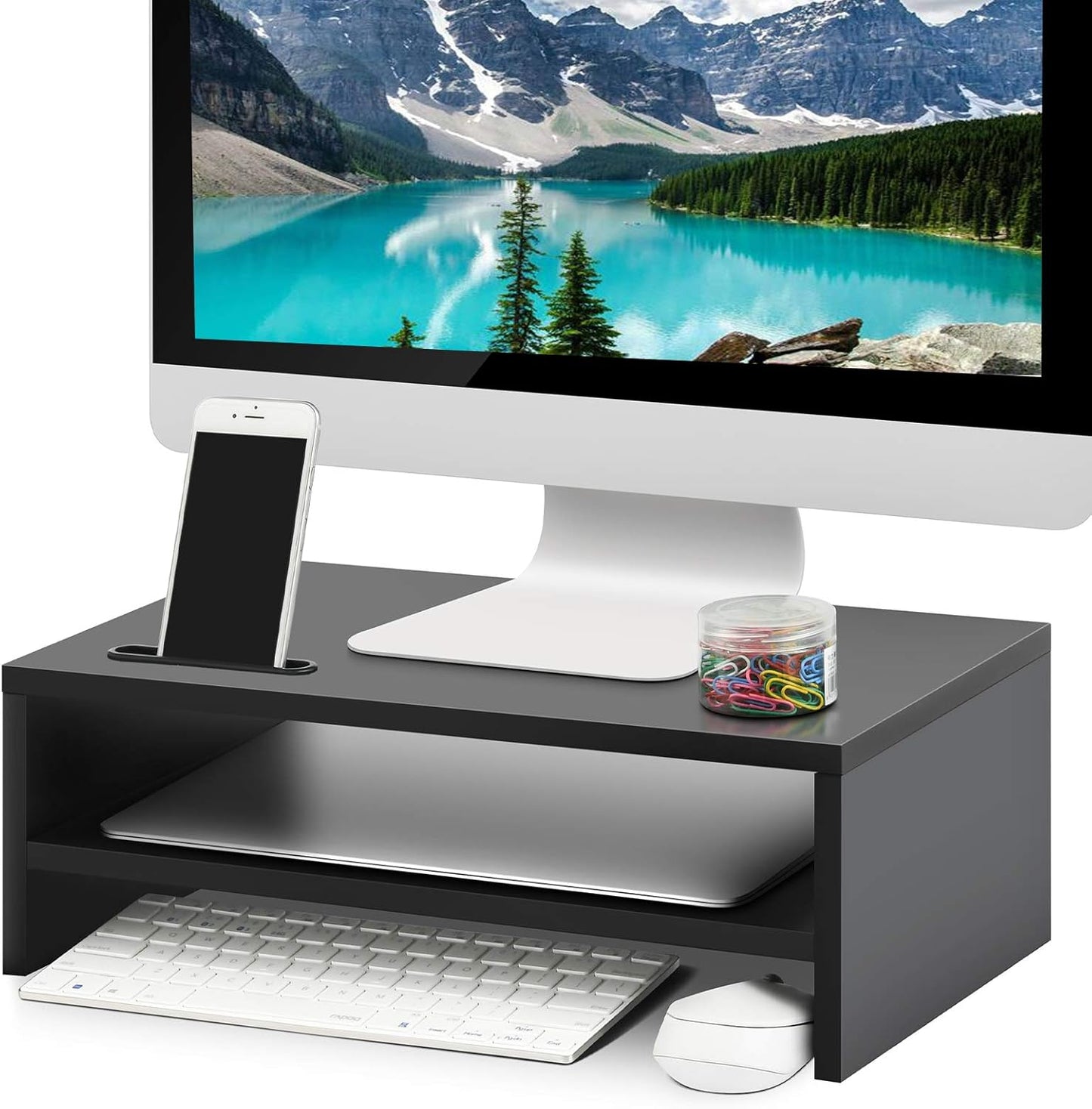 Marbrasse Monitor Stand Riser, 2 Pack 16.5 Inch 2 Tier Computer Monitor Stand, Printer Shelf Stand for Laptop Computer Screen Storagek,Desktop Stand with Phone Holder and Cable Management